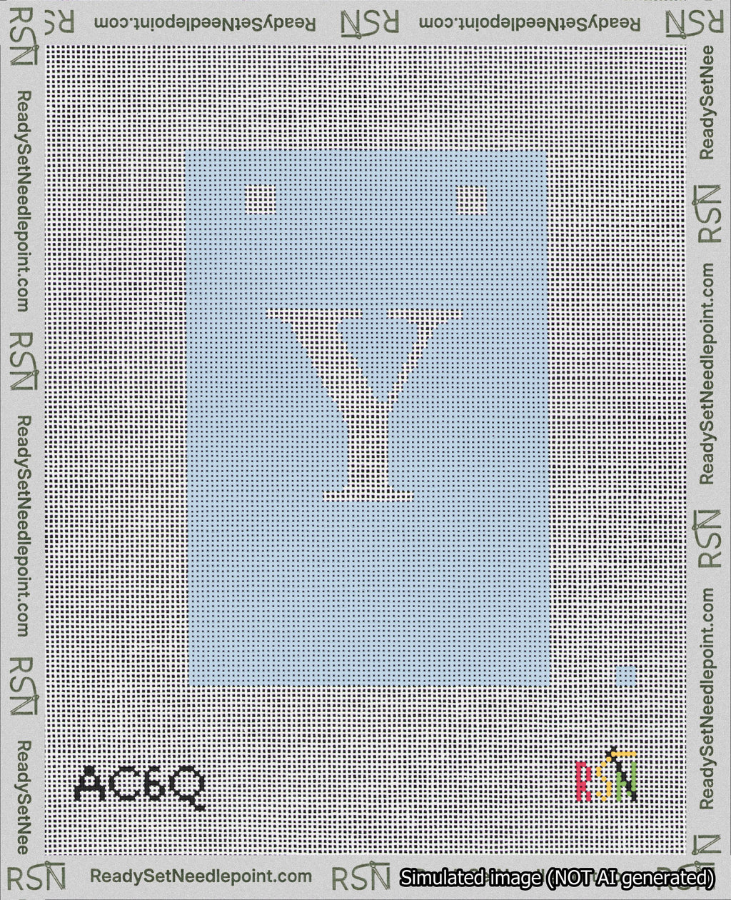 A taped needlepoint canvas with the design: Banner 18 mesh count Squared Y White on Light Blue.