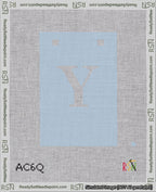 A taped needlepoint canvas with the design: Banner 18 mesh count Squared Y White on Light Blue.
