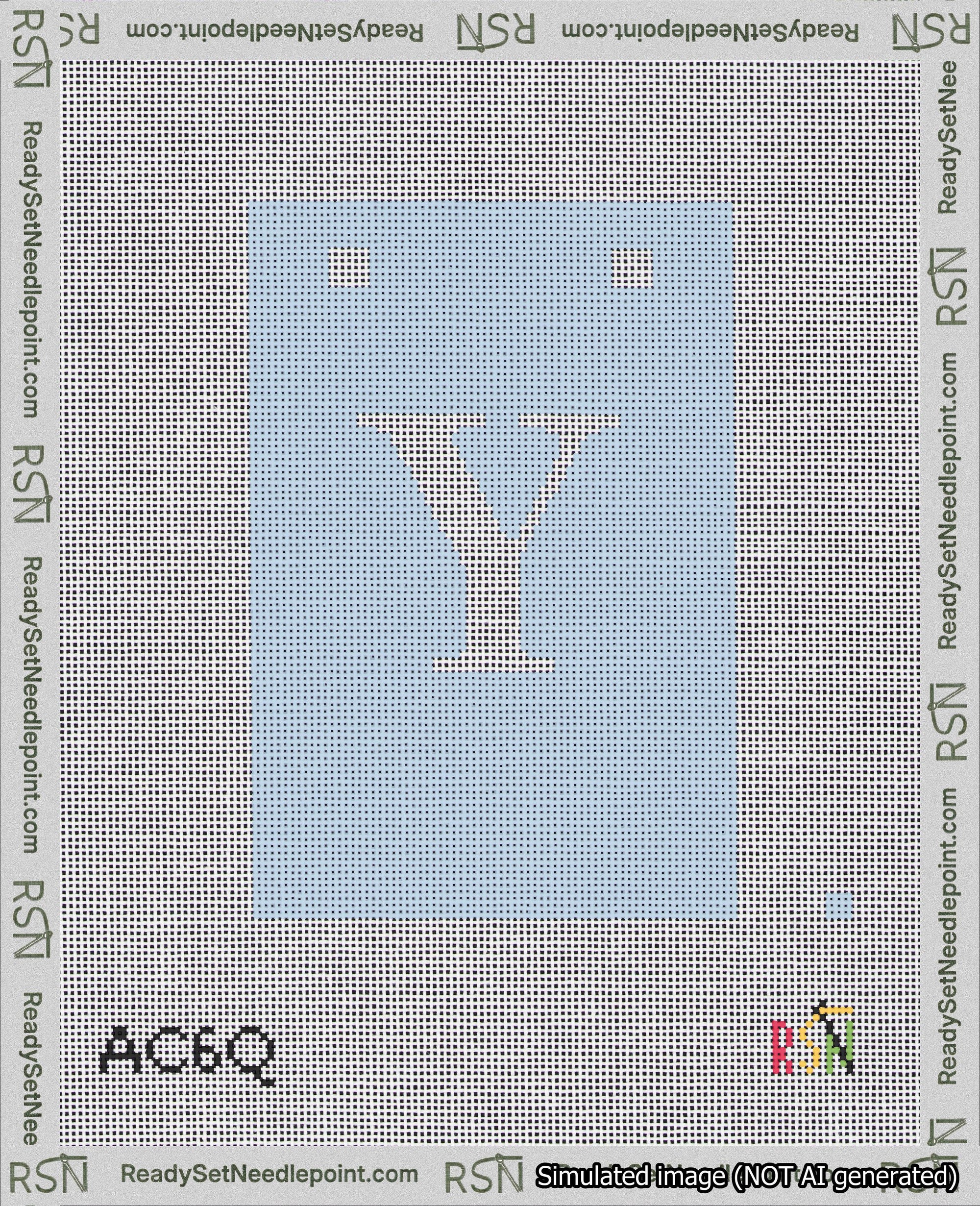 A taped needlepoint canvas with the design: Banner 18 mesh count Squared Y White on Light Blue.