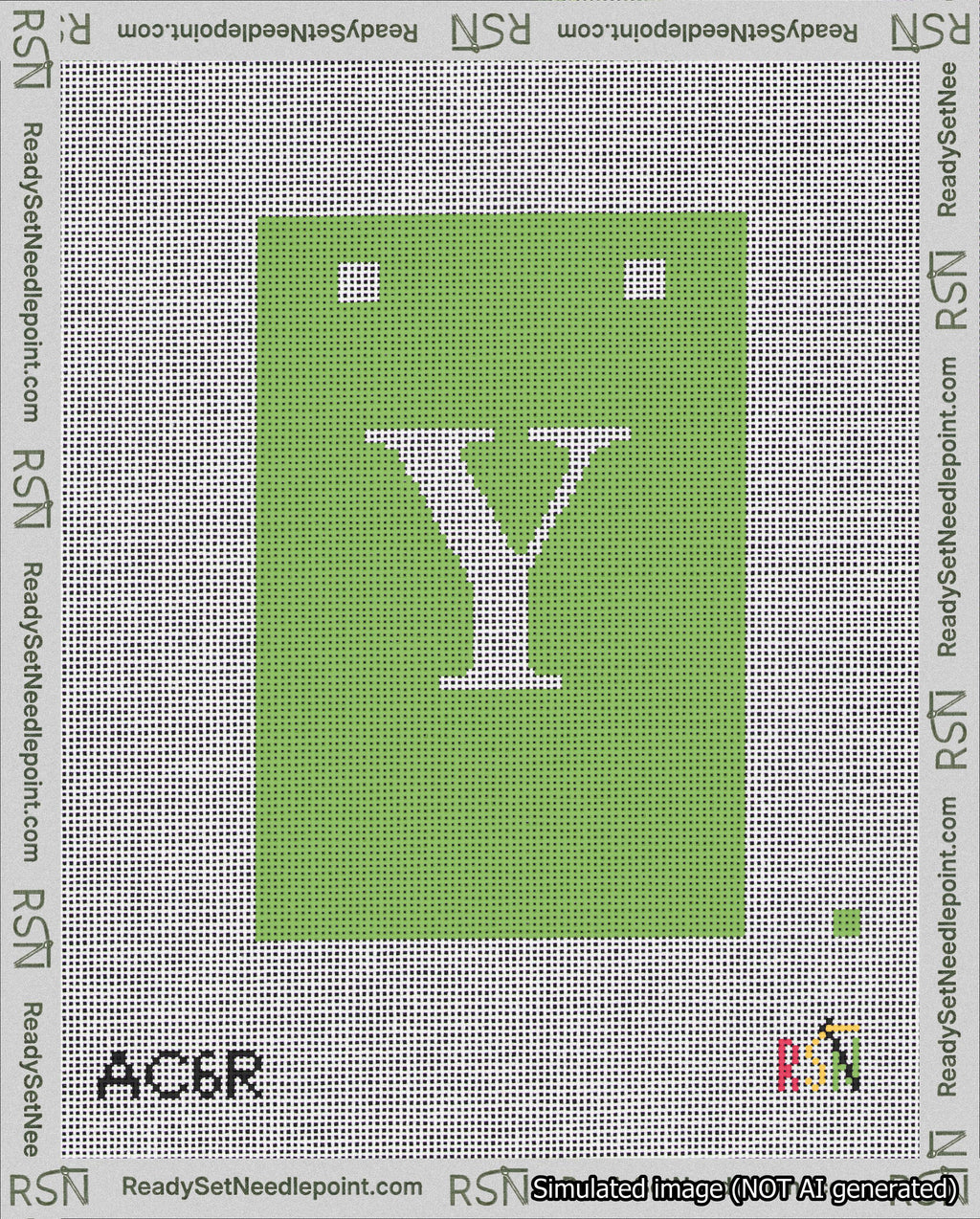 A taped needlepoint canvas with the design: Banner 18 mesh count Squared Y White on Light Green.