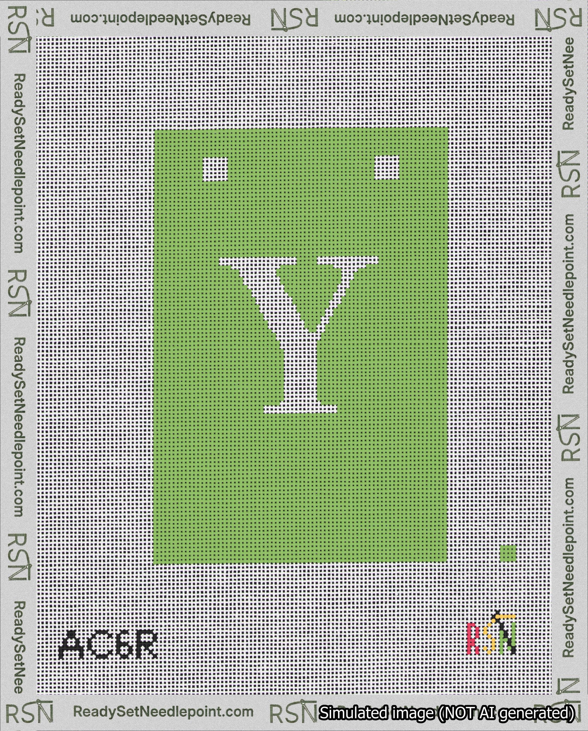 A taped needlepoint canvas with the design: Banner 18 mesh count Squared Y White on Light Green.
