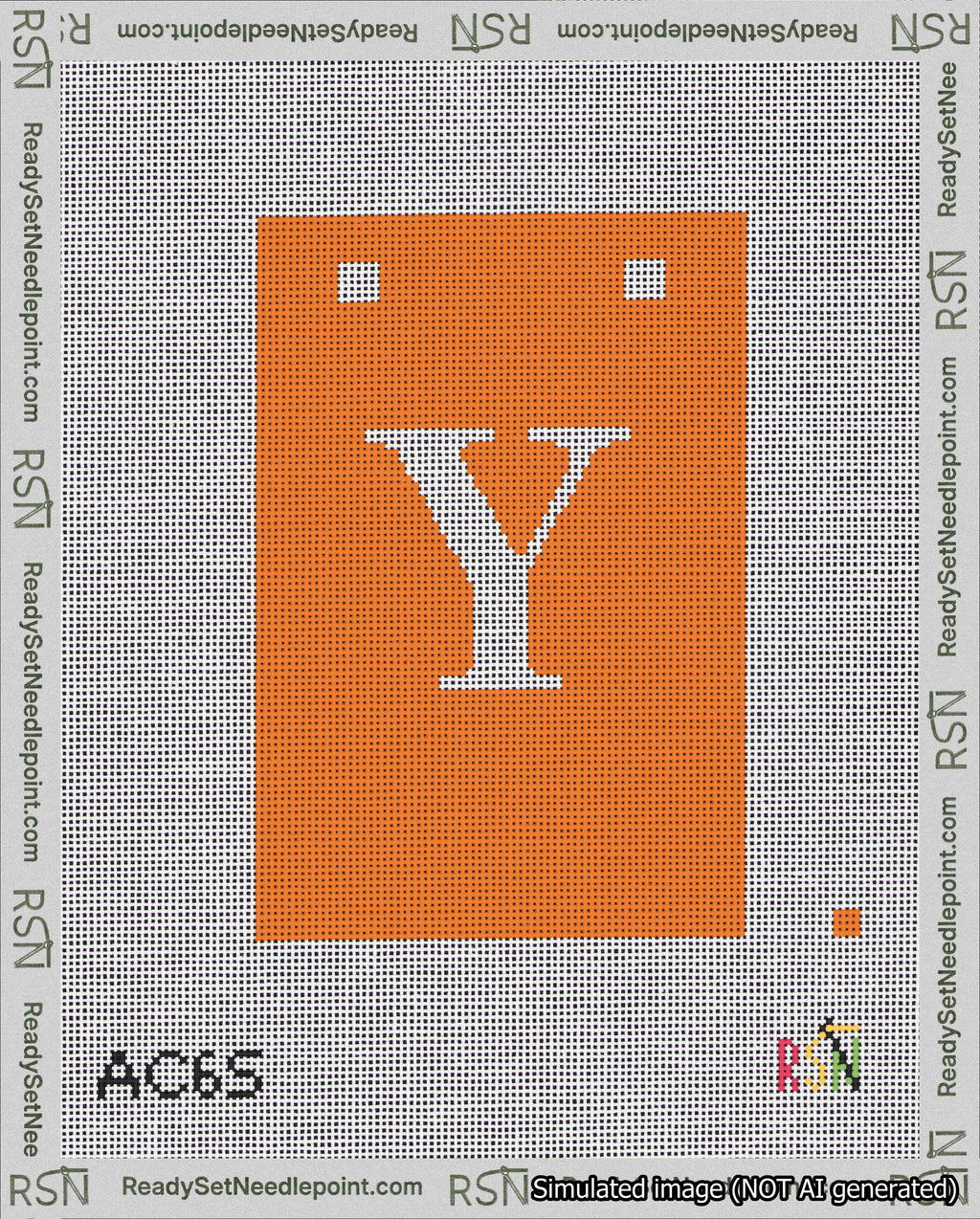 A taped needlepoint canvas with the design: Banner 18 mesh count Squared Y White on Orange.
