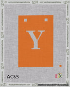 A taped needlepoint canvas with the design: Banner 18 mesh count Squared Y White on Orange.