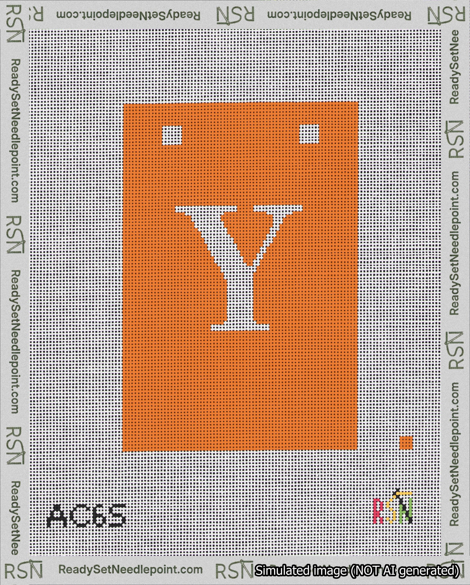 A taped needlepoint canvas with the design: Banner 18 mesh count Squared Y White on Orange.