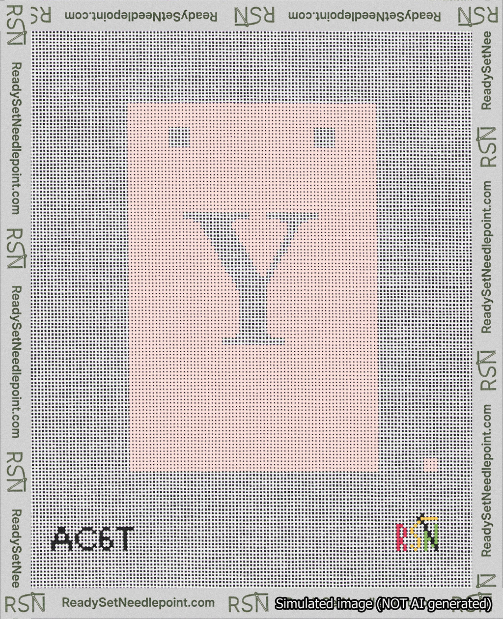 A taped needlepoint canvas with the design: Banner 18 mesh count Squared Y White on Pink.