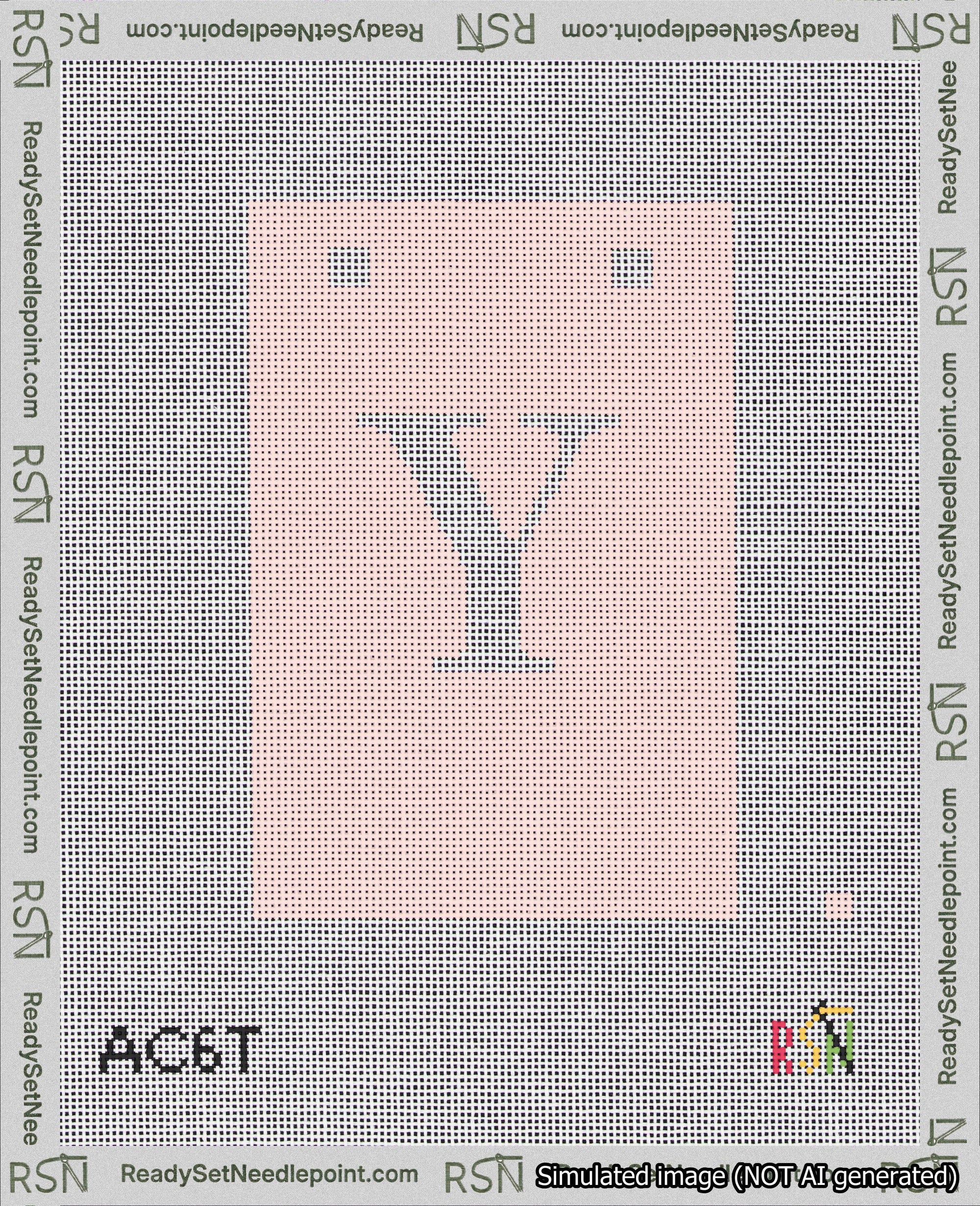 A taped needlepoint canvas with the design: Banner 18 mesh count Squared Y White on Pink.