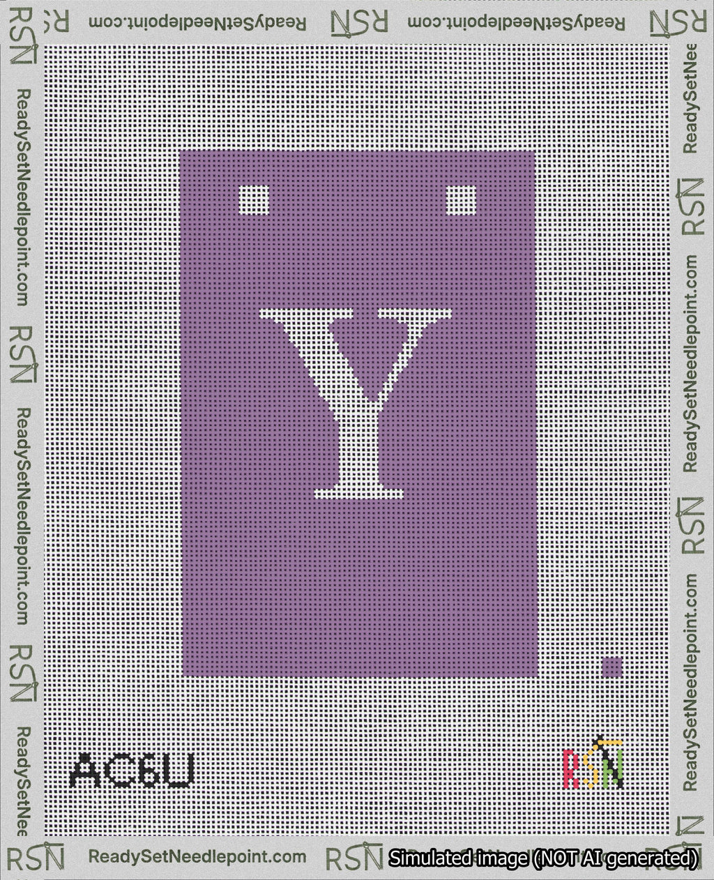 A taped needlepoint canvas with the design: Banner 18 mesh count Squared Y White on Purple.
