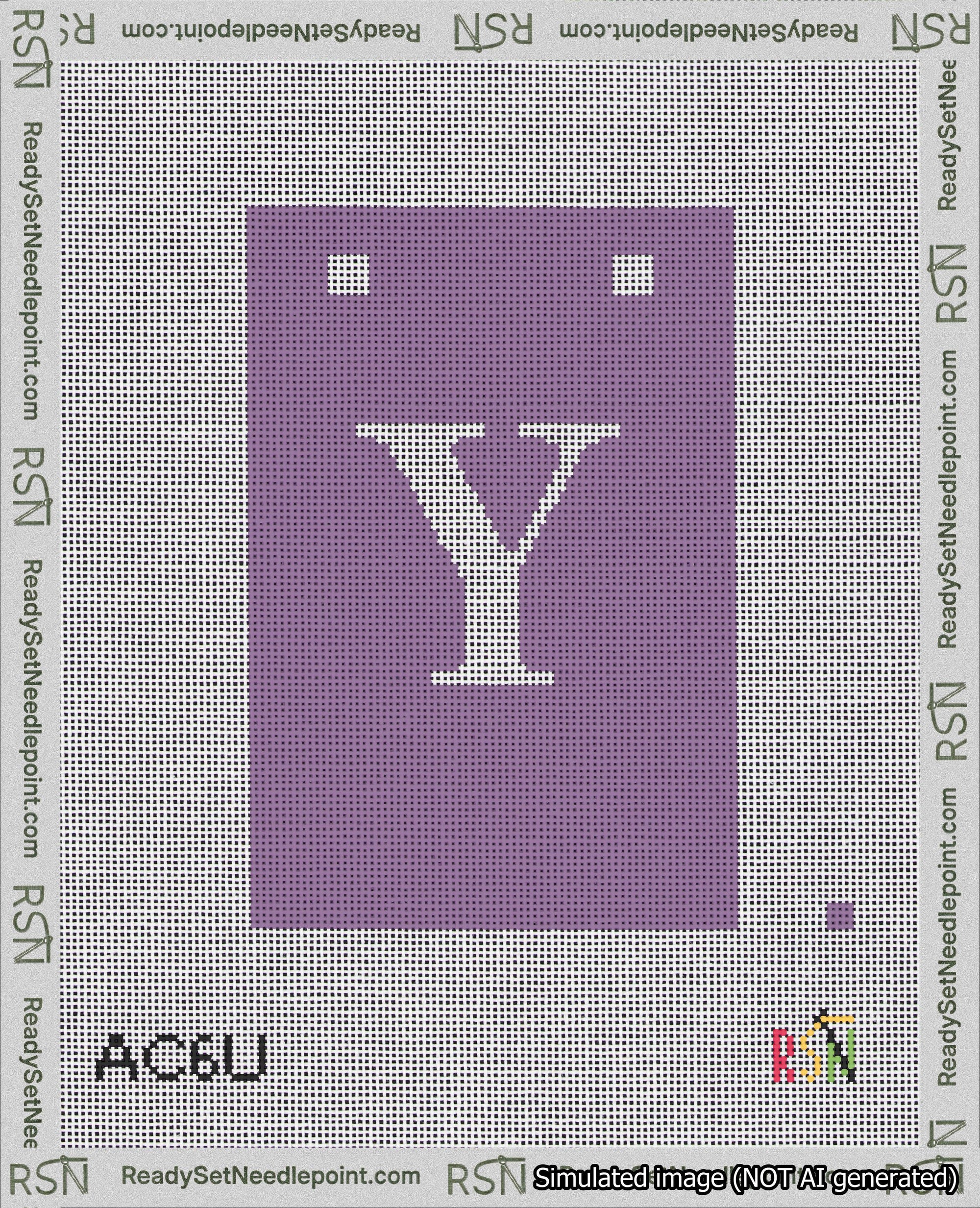 A taped needlepoint canvas with the design: Banner 18 mesh count Squared Y White on Purple.
