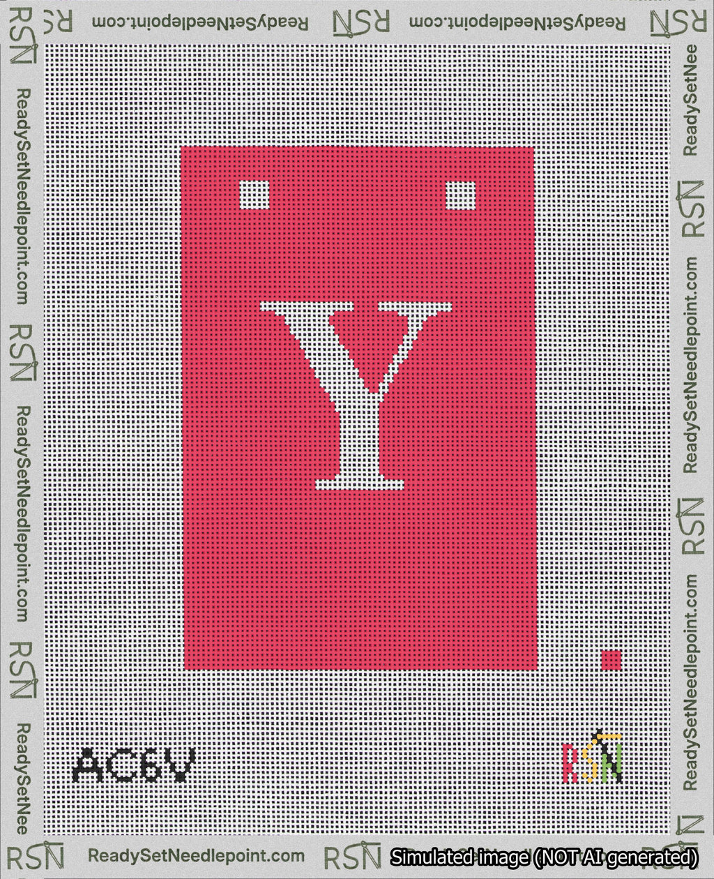 A taped needlepoint canvas with the design: Banner 18 mesh count Squared Y White on Red.