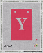 A taped needlepoint canvas with the design: Banner 18 mesh count Squared Y White on Red.