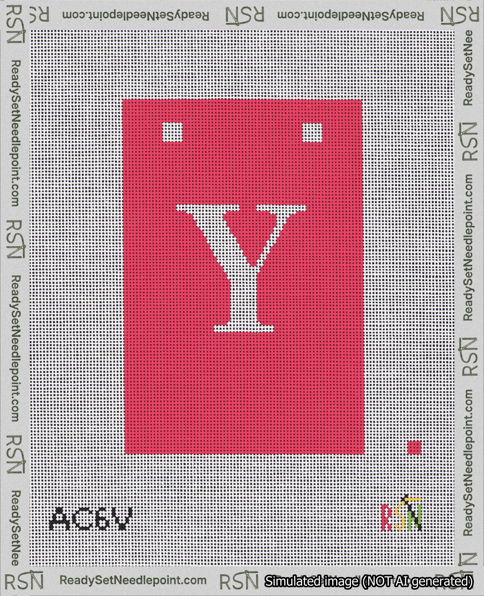 A taped needlepoint canvas with the design: Banner 18 mesh count Squared Y White on Red.