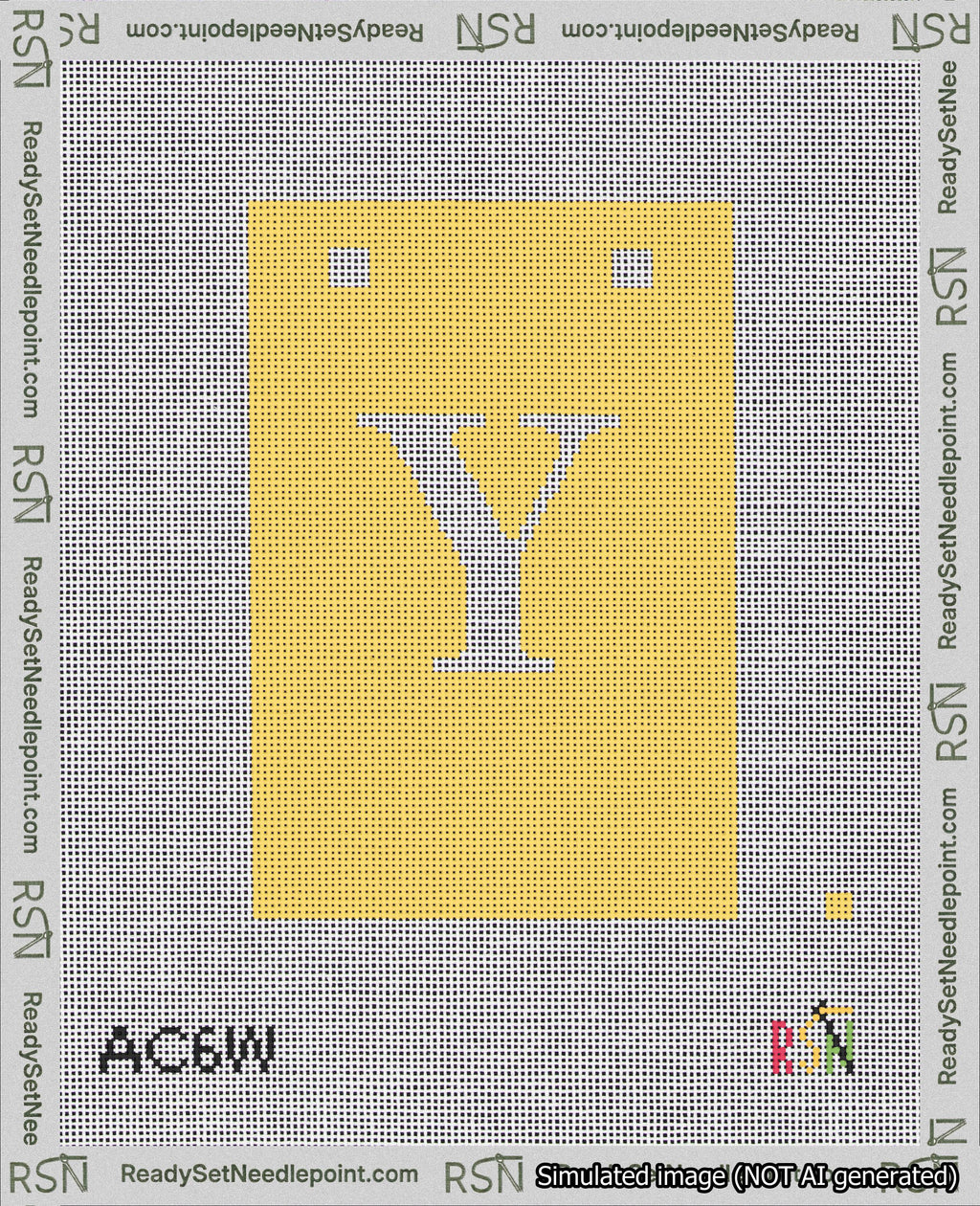 A taped needlepoint canvas with the design: Banner 18 mesh count Squared Y White on Yellow.