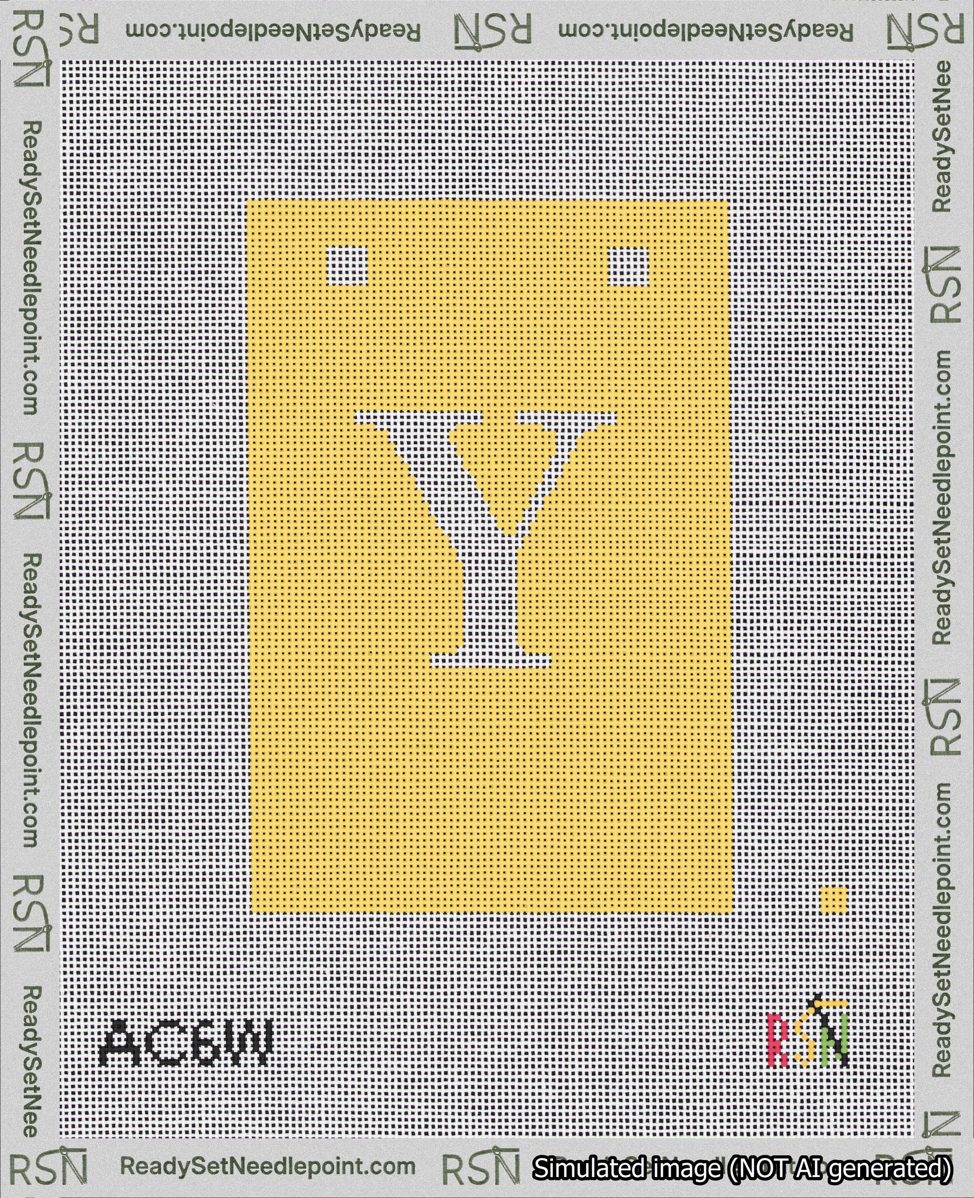 A taped needlepoint canvas with the design: Banner 18 mesh count Squared Y White on Yellow.