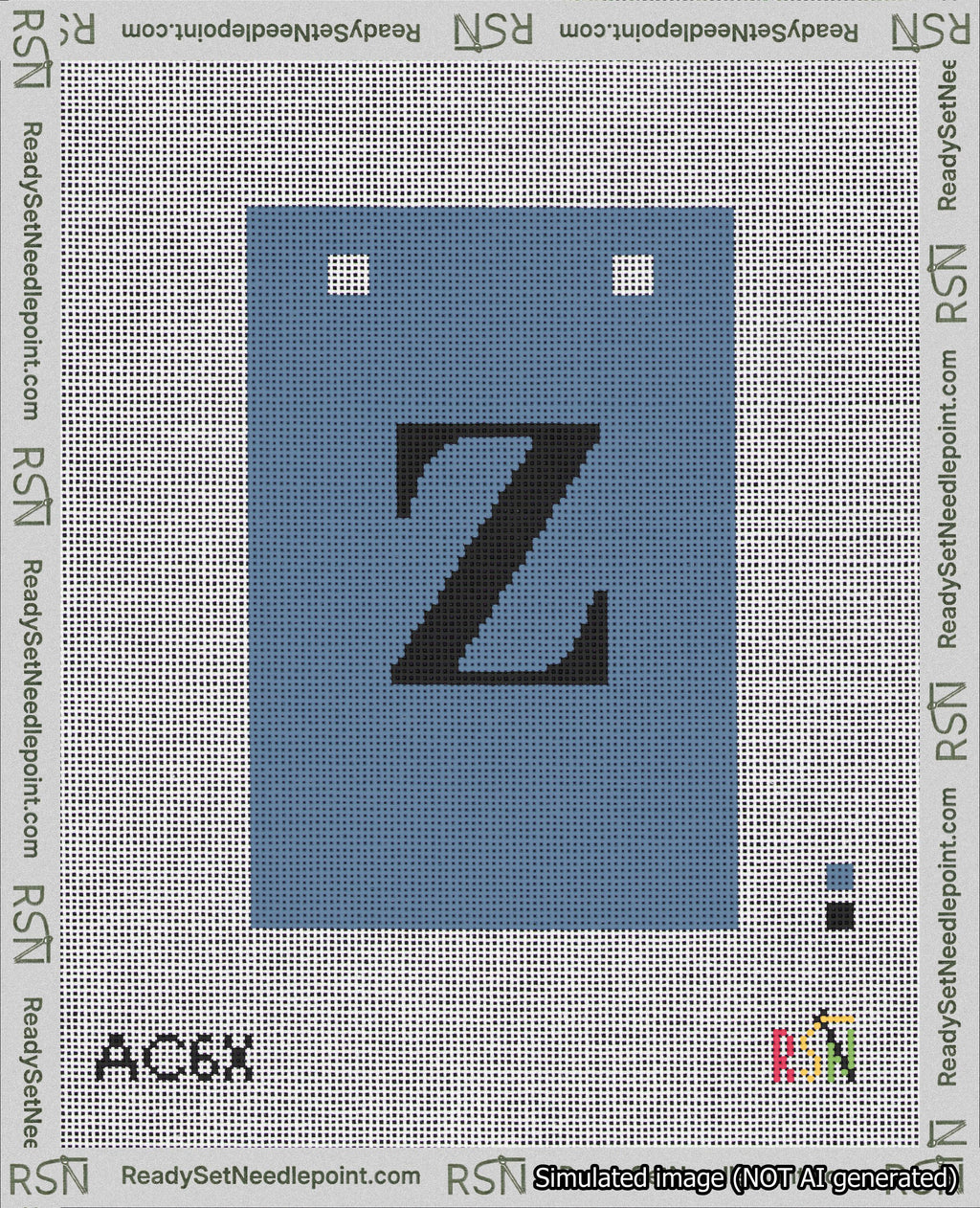 A taped needlepoint canvas with the design: Banner 18 mesh count Squared Z Black on Blue.