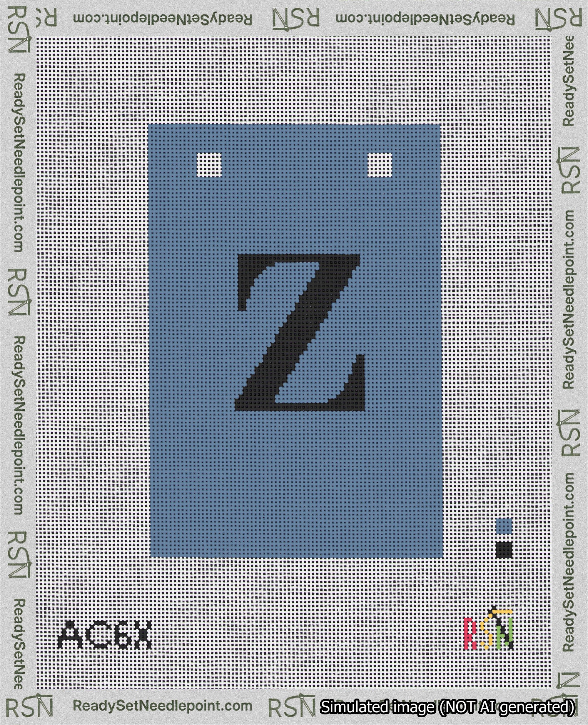 A taped needlepoint canvas with the design: Banner 18 mesh count Squared Z Black on Blue.