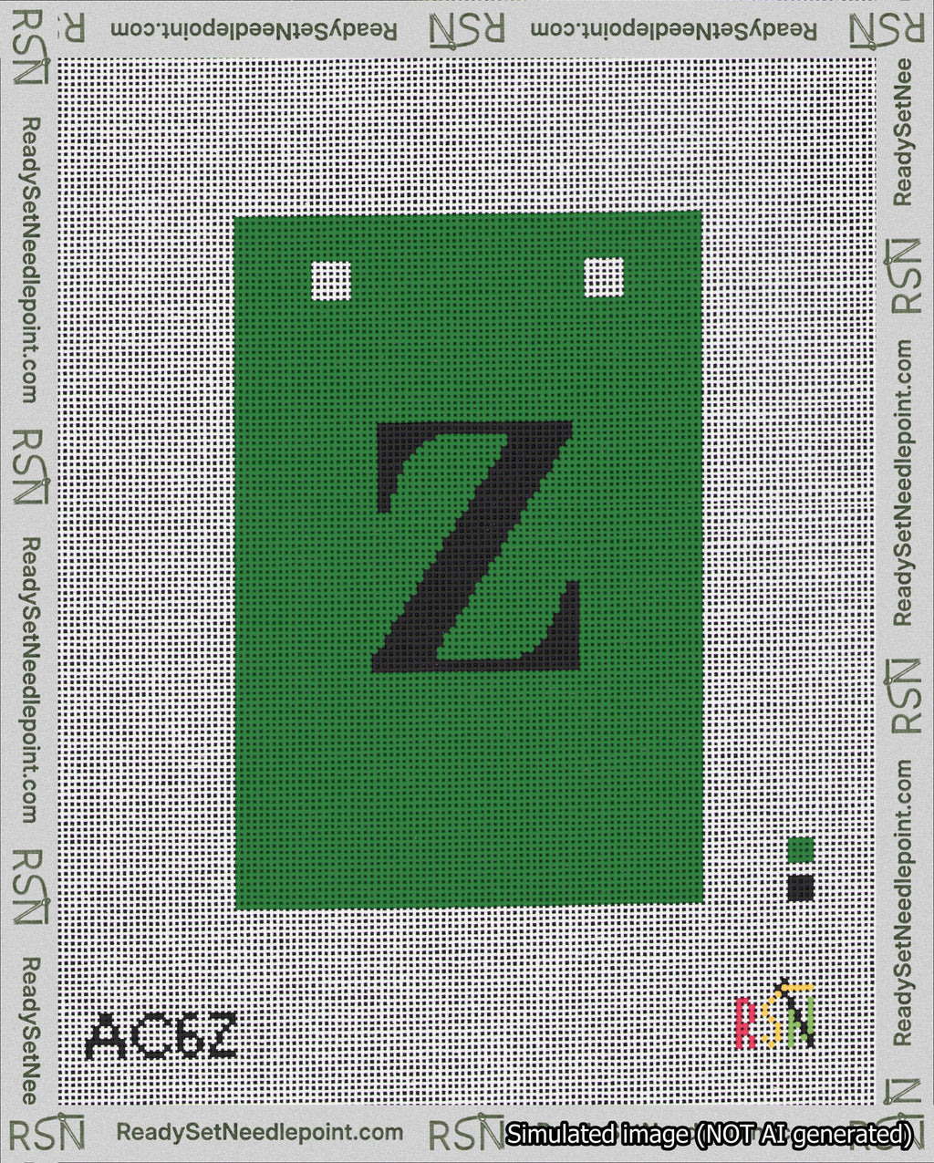 A taped needlepoint canvas with the design: Banner 18 mesh count Squared Z Black on Green.