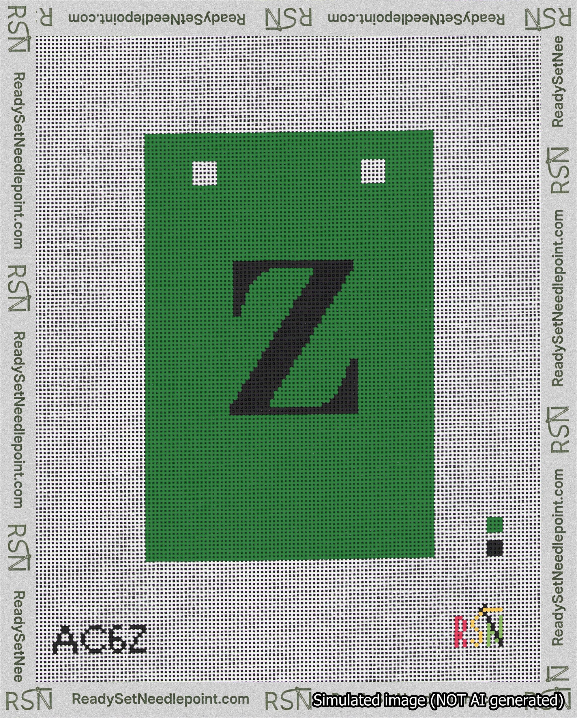 A taped needlepoint canvas with the design: Banner 18 mesh count Squared Z Black on Green.