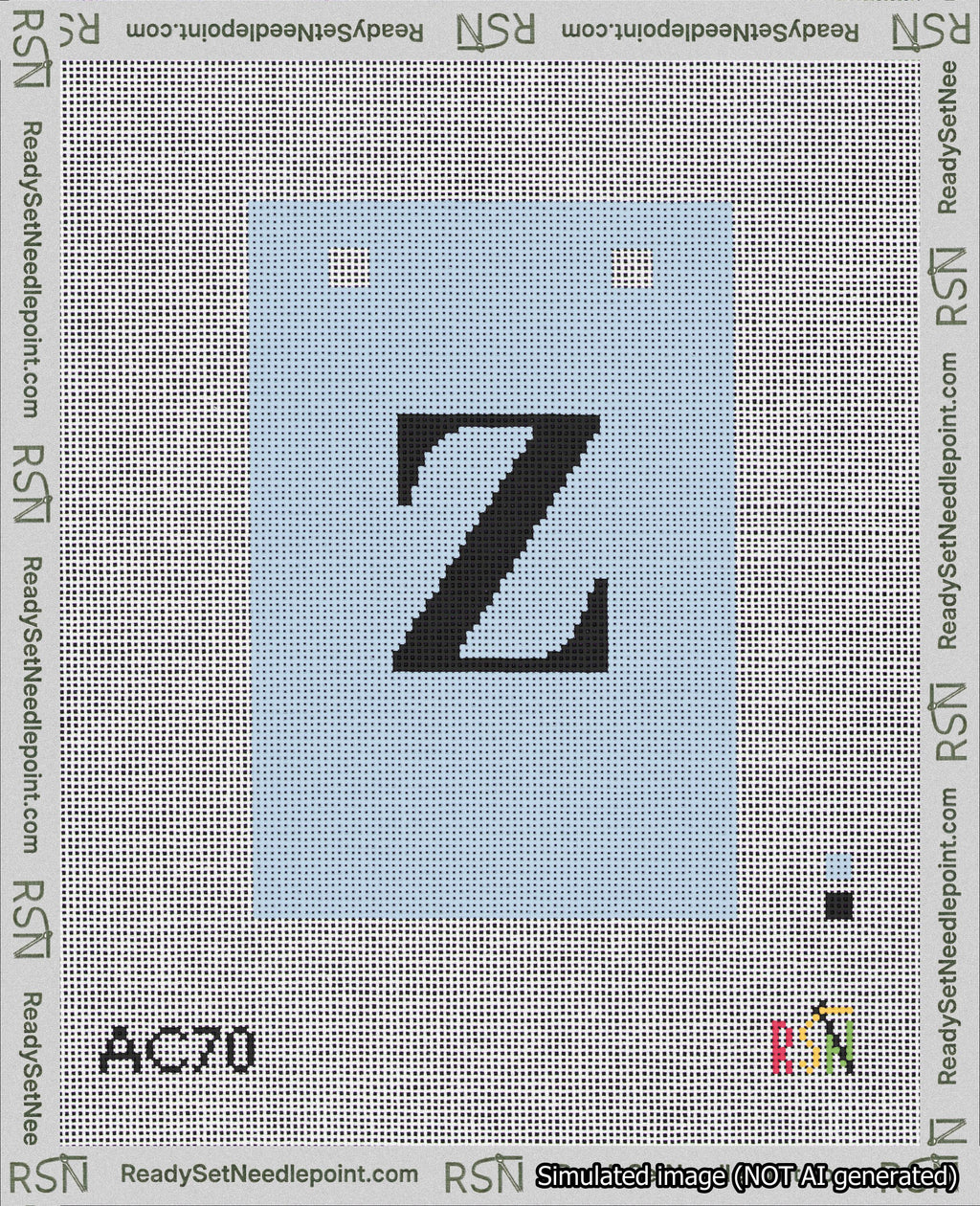 A taped needlepoint canvas with the design: Banner 18 mesh count Squared Z Black on Light Blue.