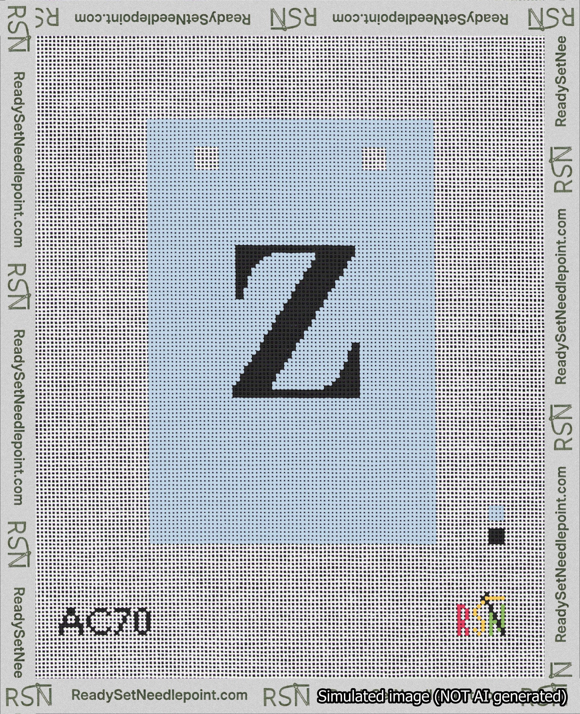 A taped needlepoint canvas with the design: Banner 18 mesh count Squared Z Black on Light Blue.