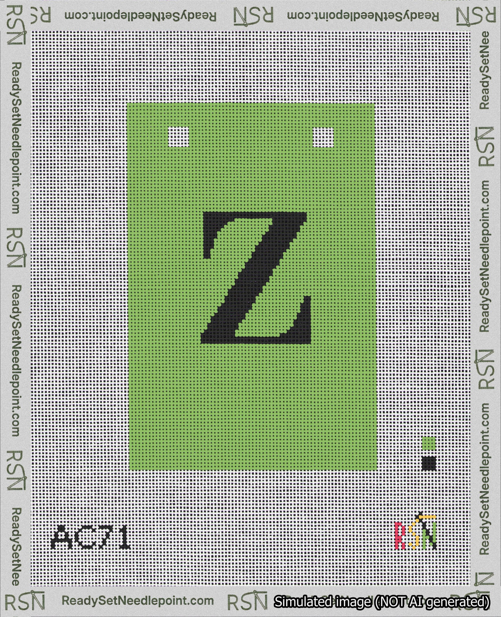 A taped needlepoint canvas with the design: Banner 18 mesh count Squared Z Black on Light Green.