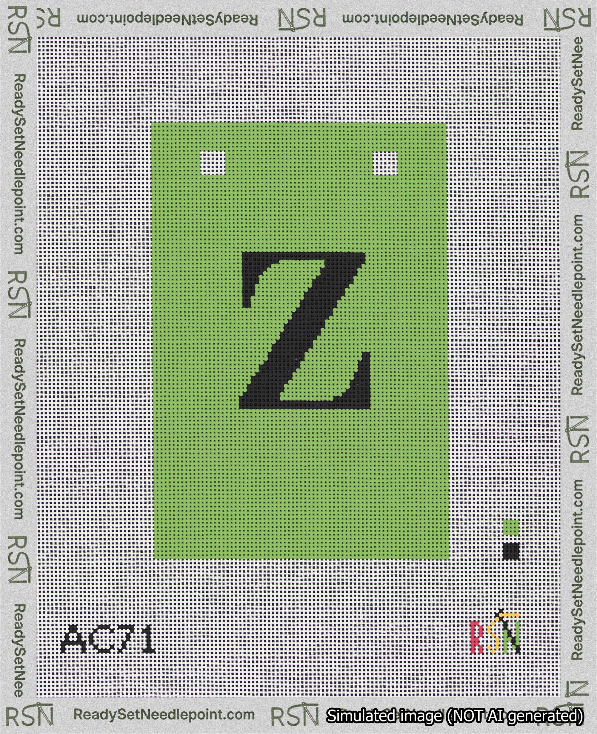A taped needlepoint canvas with the design: Banner 18 mesh count Squared Z Black on Light Green.
