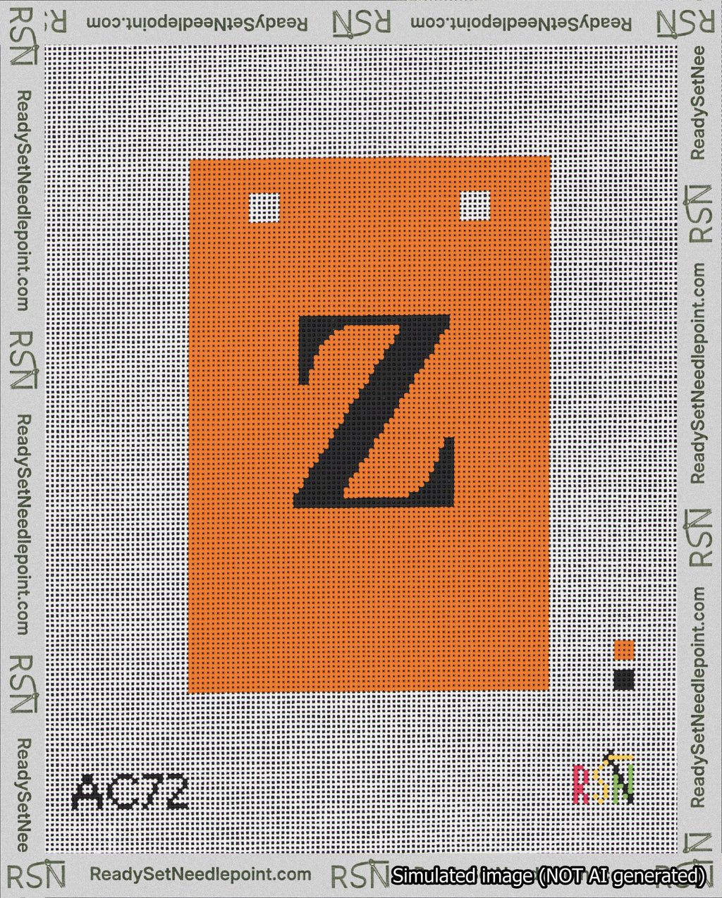 A taped needlepoint canvas with the design: Banner 18 mesh count Squared Z Black on Orange.
