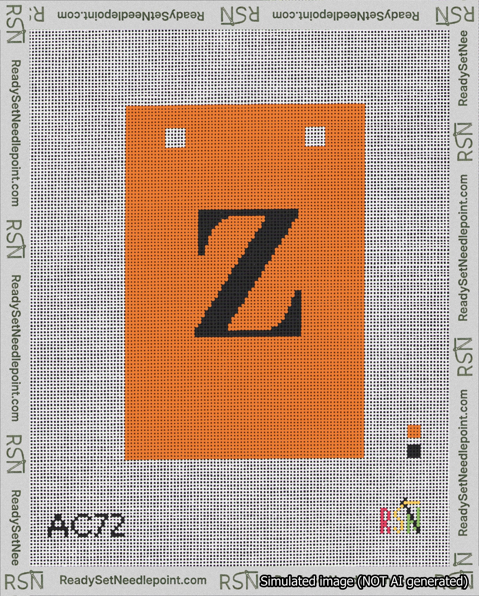A taped needlepoint canvas with the design: Banner 18 mesh count Squared Z Black on Orange.