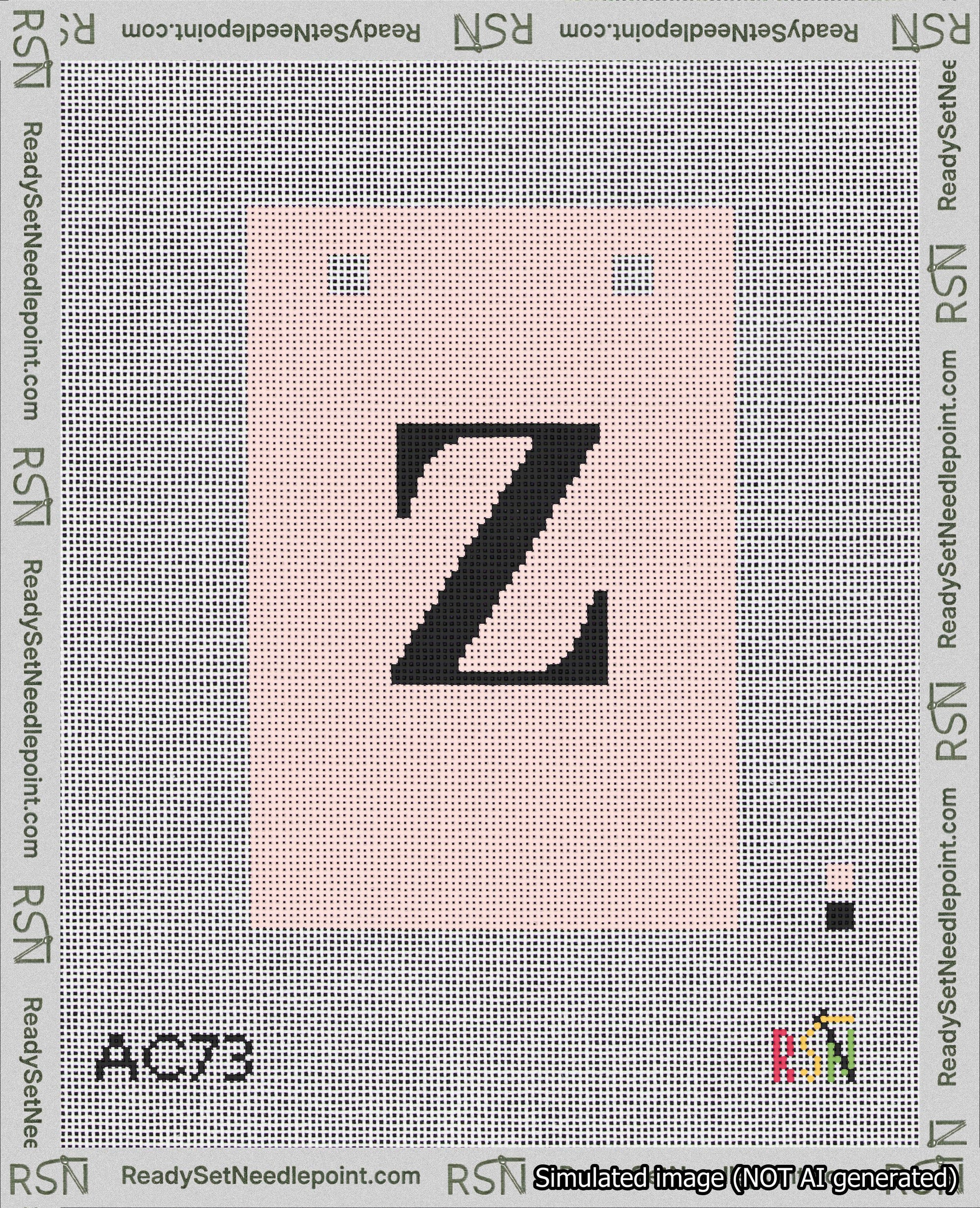A taped needlepoint canvas with the design: Banner 18 mesh count Squared Z Black on Pink.