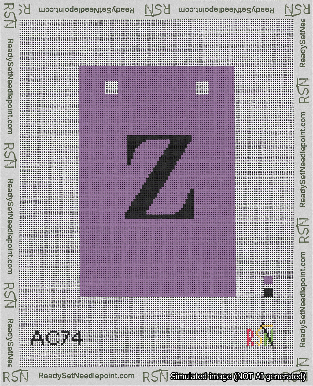 A taped needlepoint canvas with the design: Banner 18 mesh count Squared Z Black on Purple.