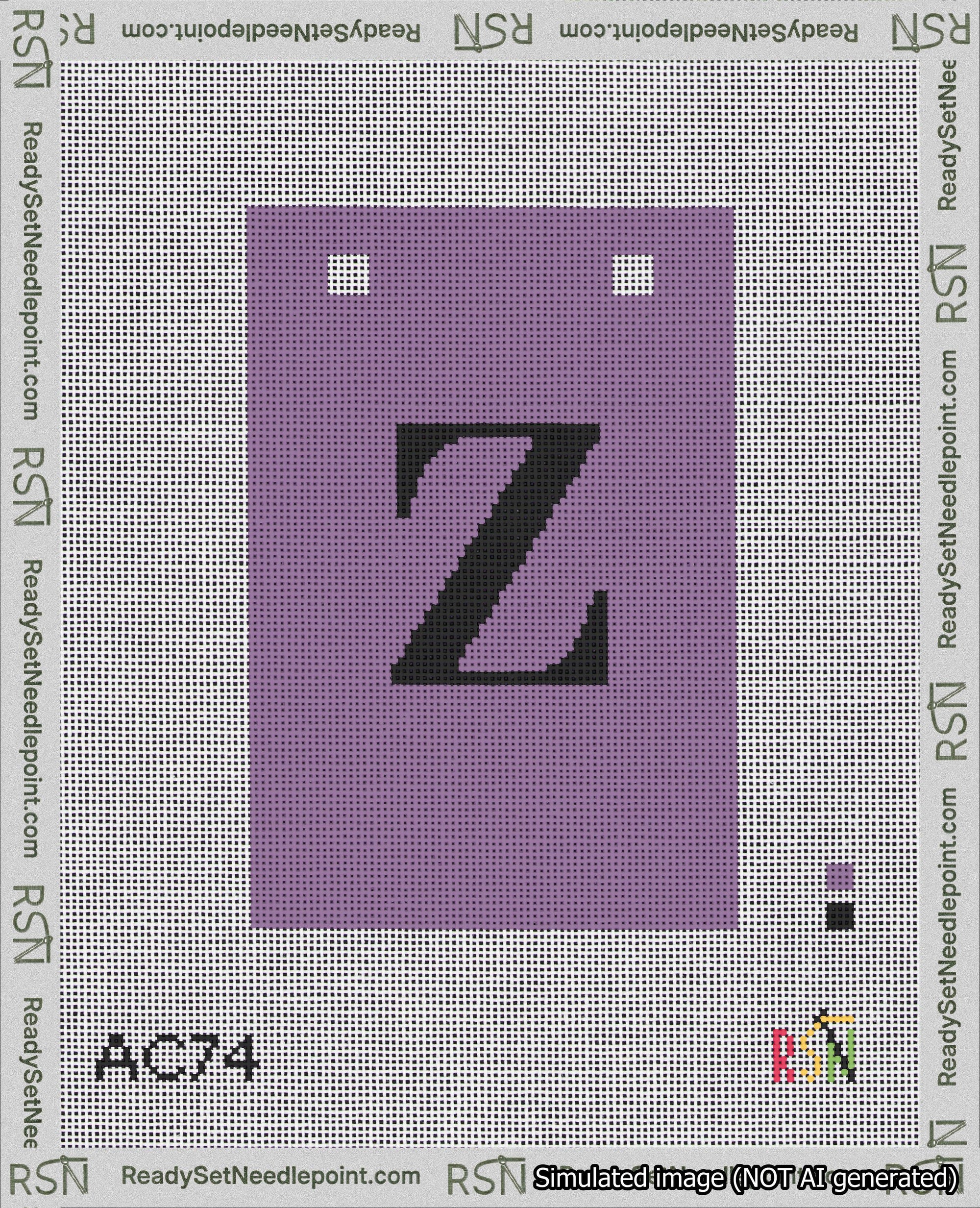A taped needlepoint canvas with the design: Banner 18 mesh count Squared Z Black on Purple.