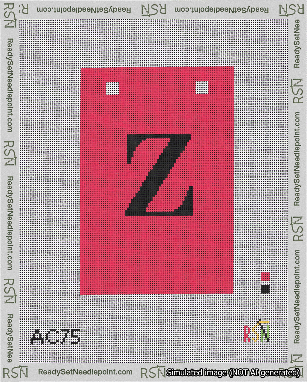 A taped needlepoint canvas with the design: Banner 18 mesh count Squared Z Black on Red.
