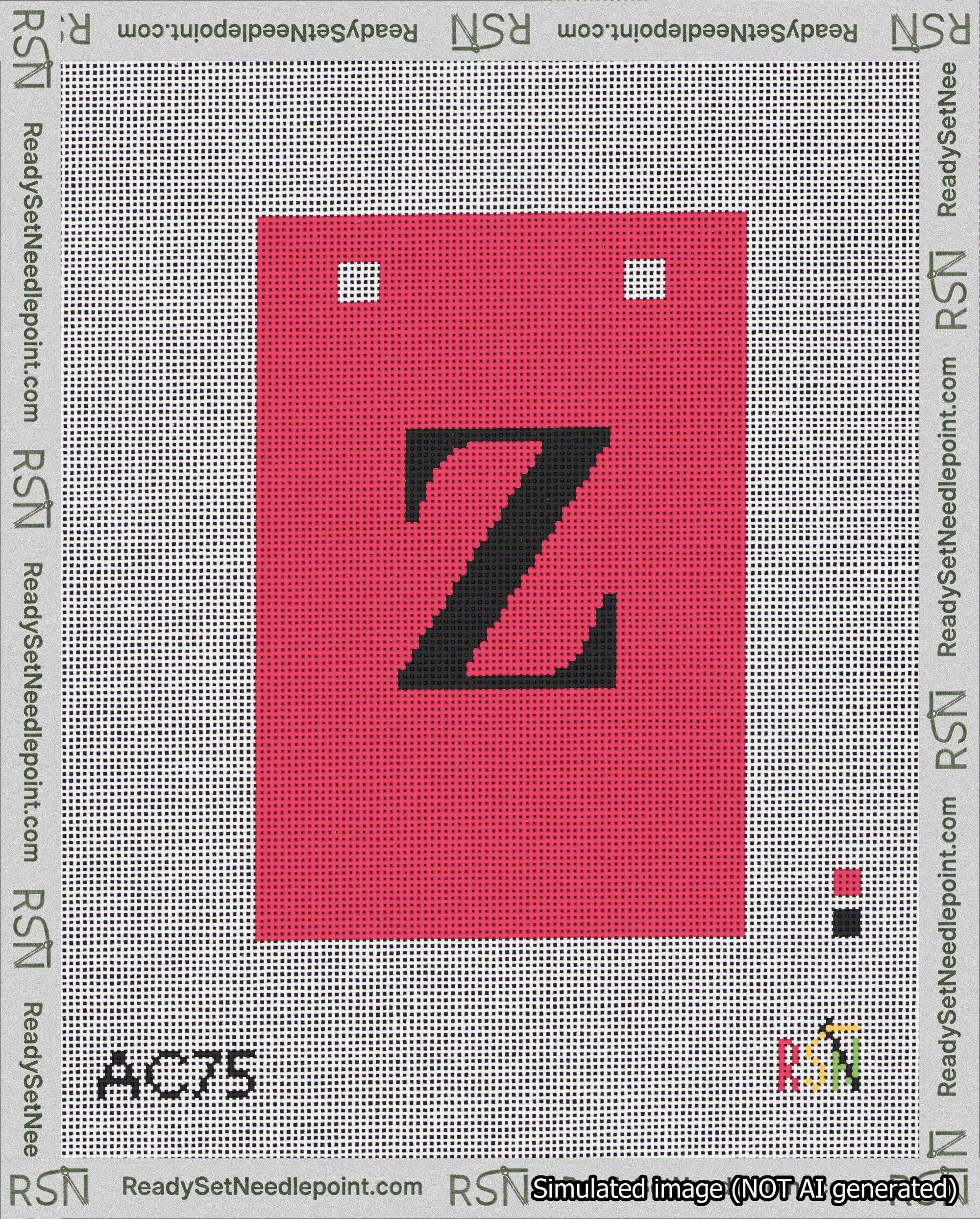 A taped needlepoint canvas with the design: Banner 18 mesh count Squared Z Black on Red.