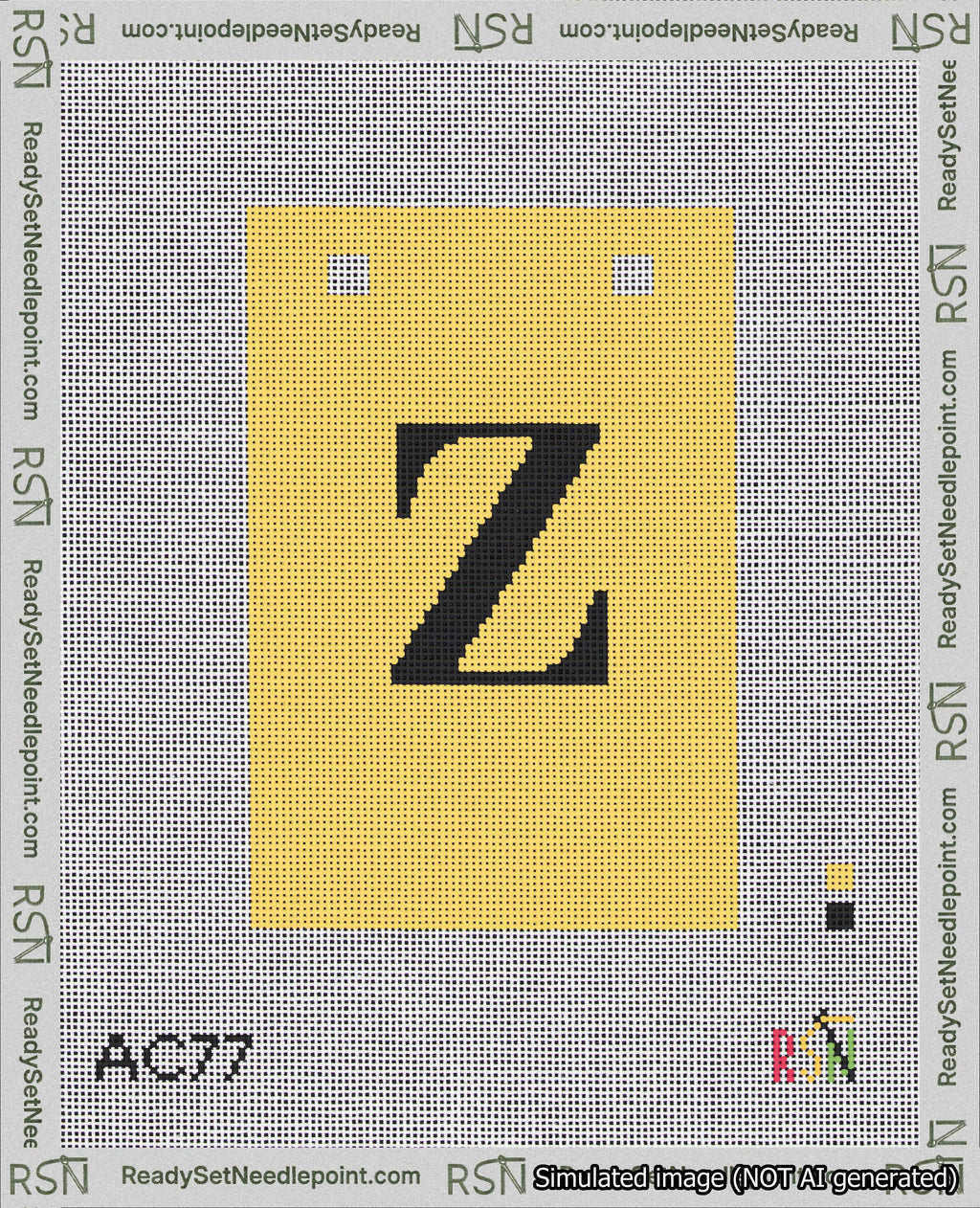 A taped needlepoint canvas with the design: Banner 18 mesh count Squared Z Black on Yellow.