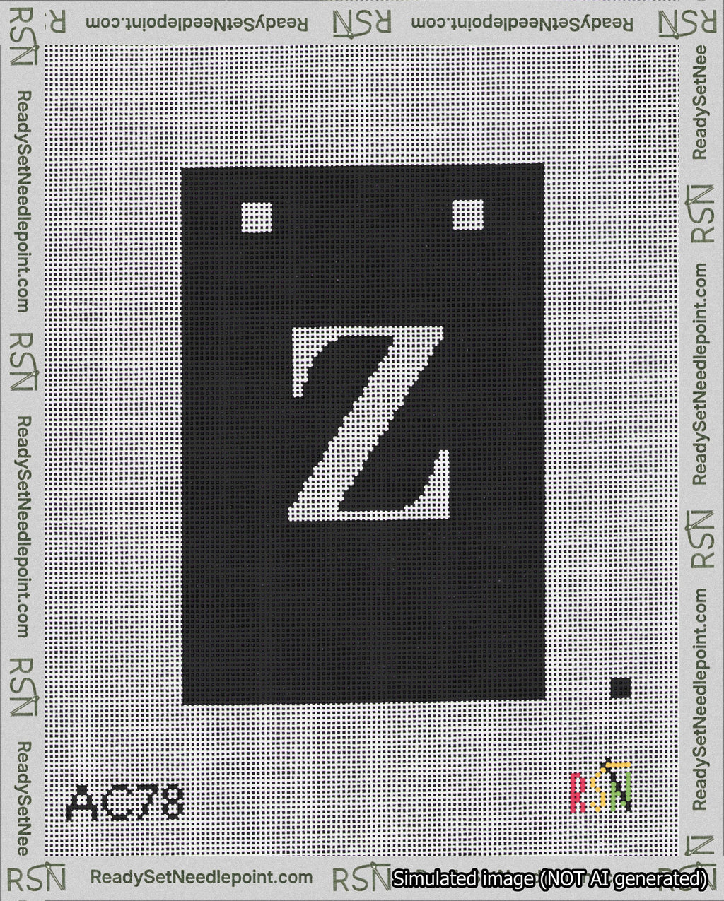 A taped needlepoint canvas with the design: Banner 18 mesh count Squared Z White on Black.