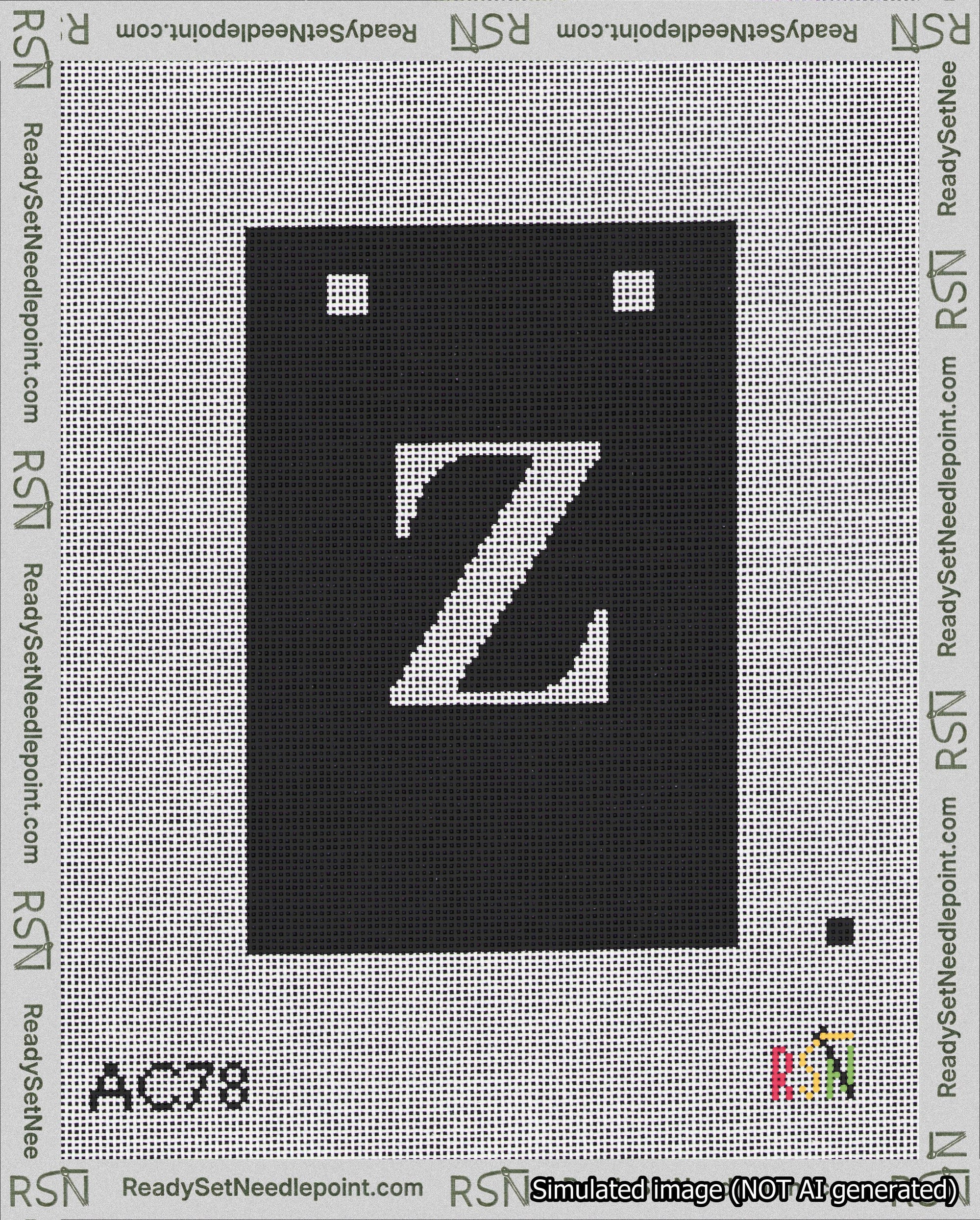 A taped needlepoint canvas with the design: Banner 18 mesh count Squared Z White on Black.