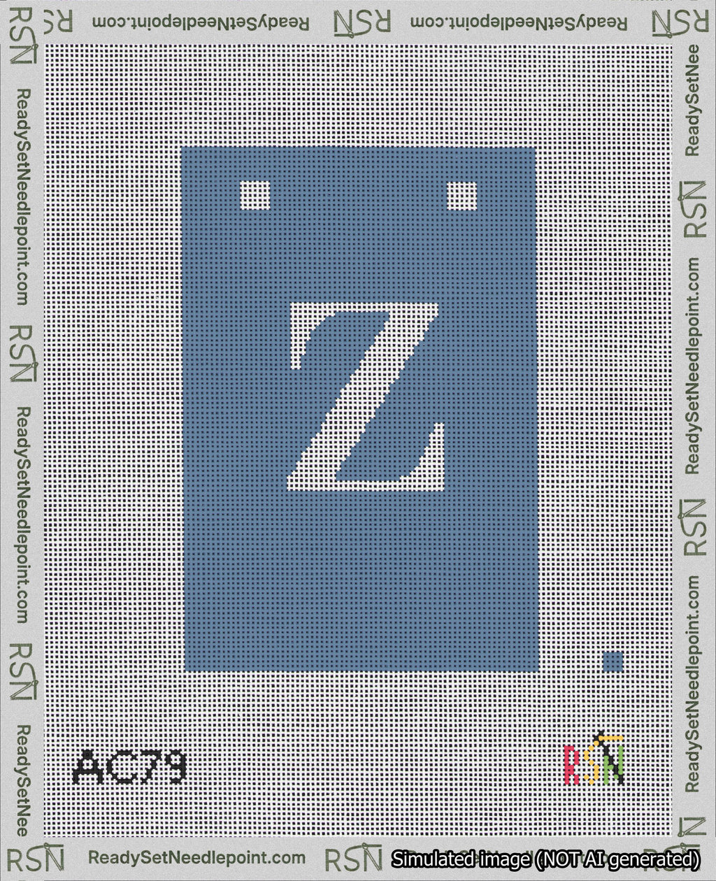 A taped needlepoint canvas with the design: Banner 18 mesh count Squared Z White on Blue.