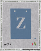 A taped needlepoint canvas with the design: Banner 18 mesh count Squared Z White on Blue.