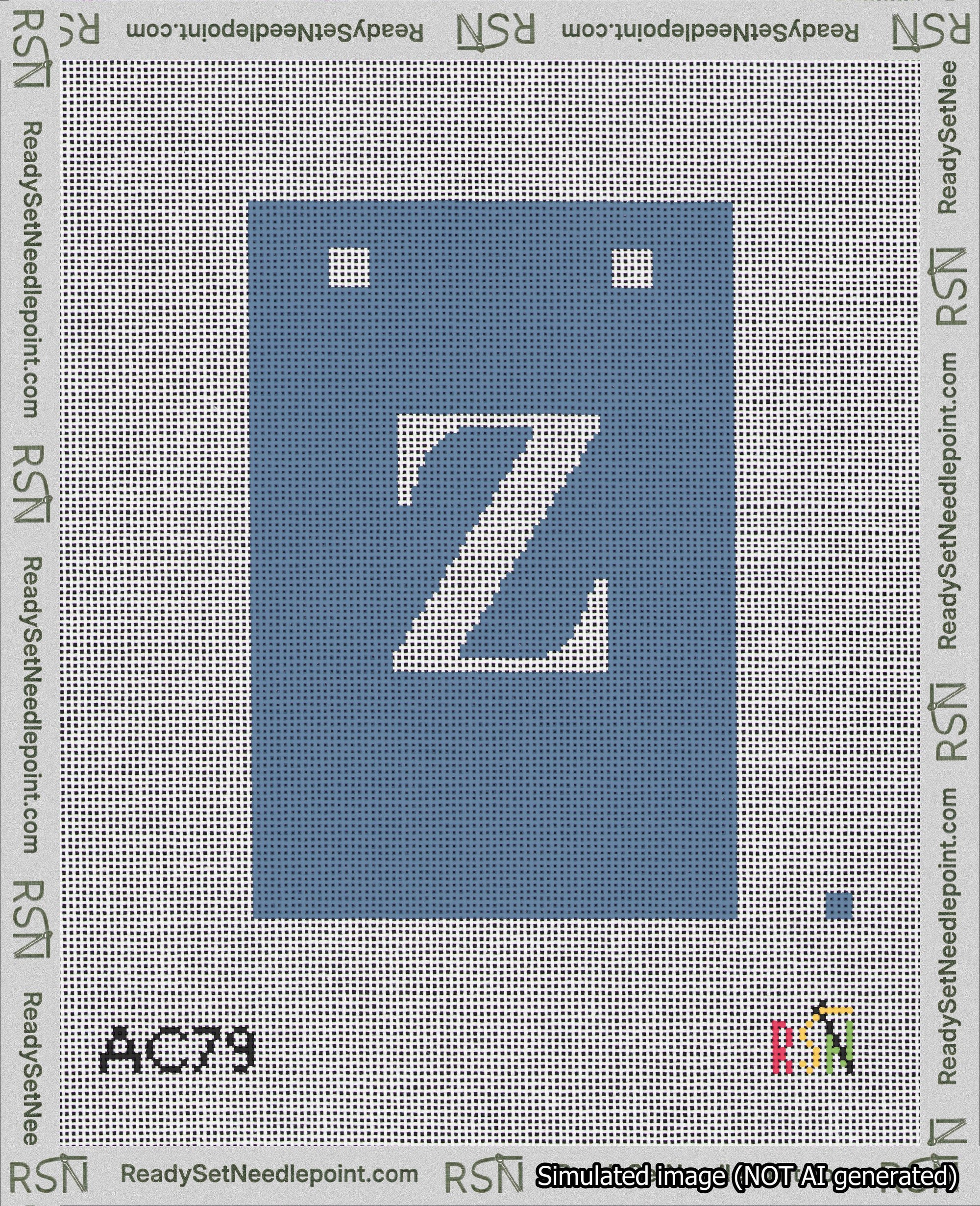A taped needlepoint canvas with the design: Banner 18 mesh count Squared Z White on Blue.