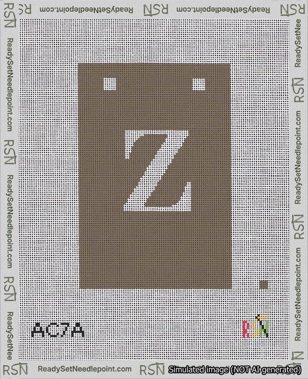 A taped needlepoint canvas with the design: Banner 18 mesh count Squared Z White on Brown.