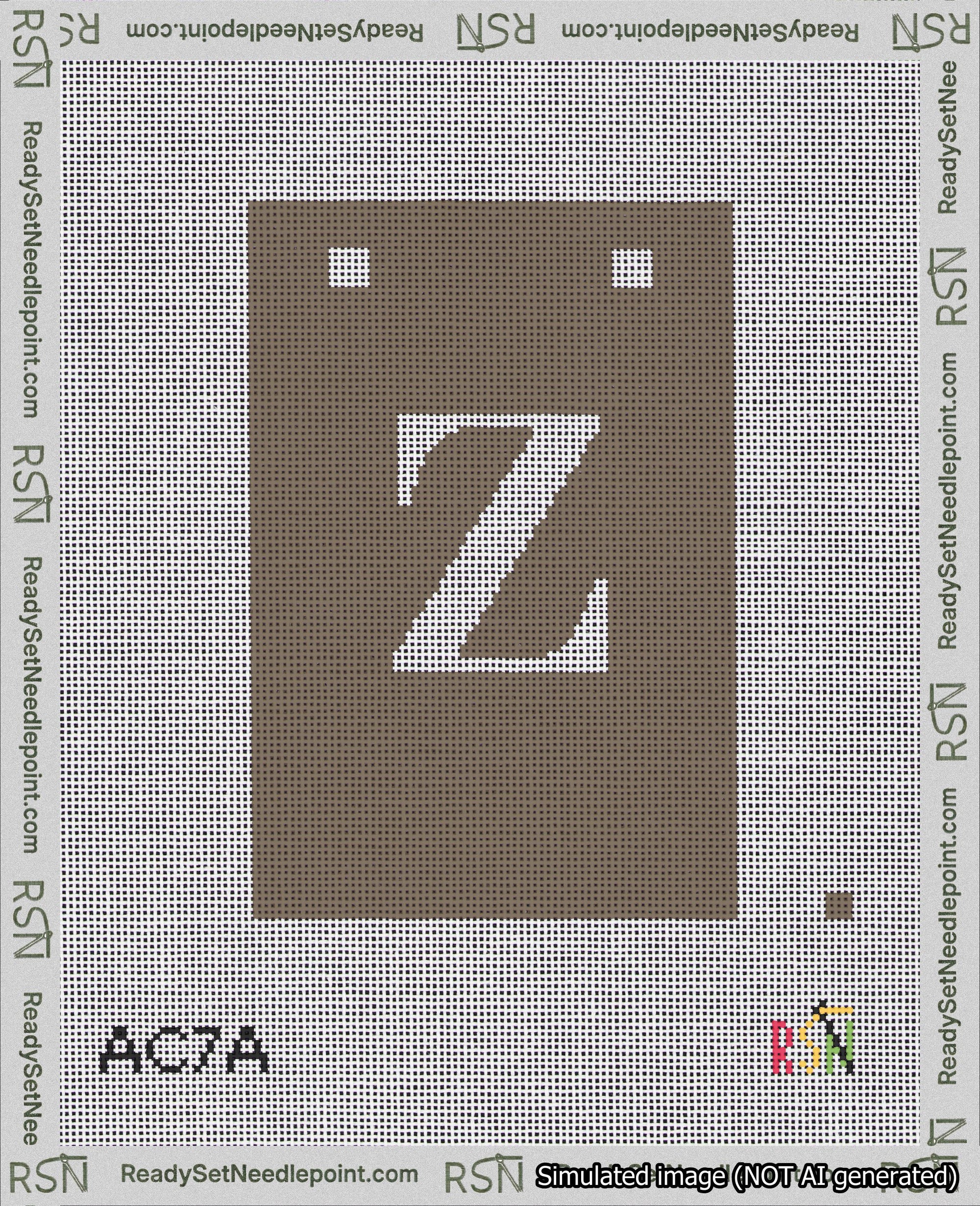 A taped needlepoint canvas with the design: Banner 18 mesh count Squared Z White on Brown.