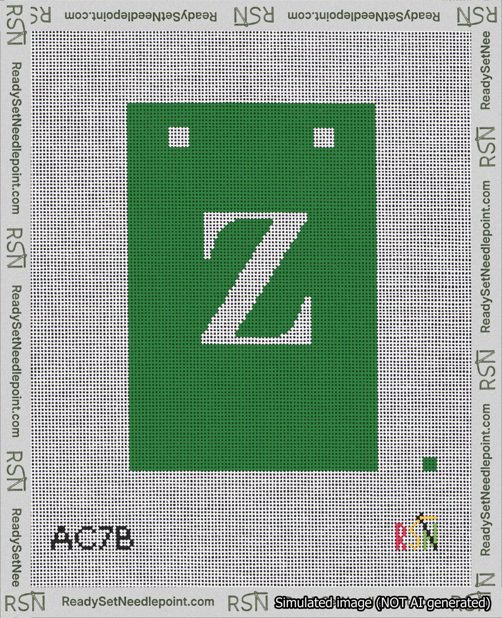 A taped needlepoint canvas with the design: Banner 18 mesh count Squared Z White on Green.
