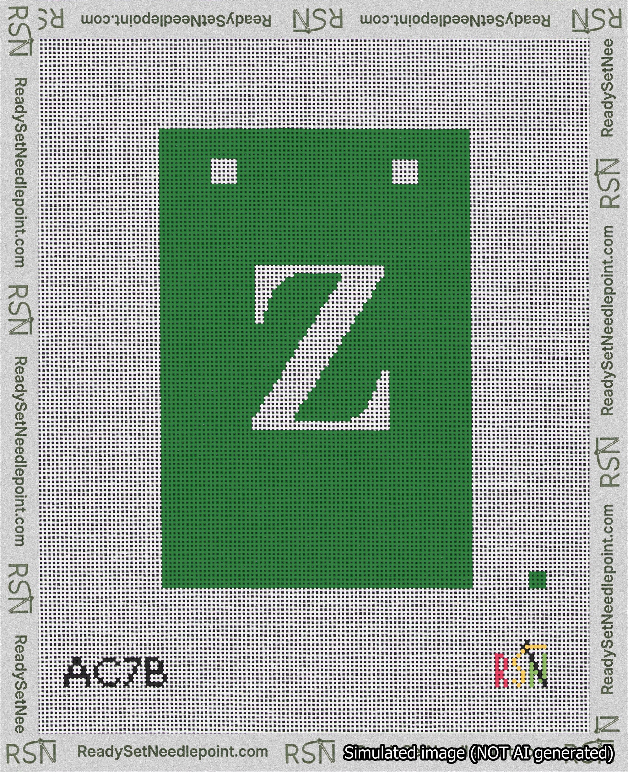 A taped needlepoint canvas with the design: Banner 18 mesh count Squared Z White on Green.
