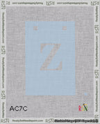 A taped needlepoint canvas with the design: Banner 18 mesh count Squared Z White on Light Blue.