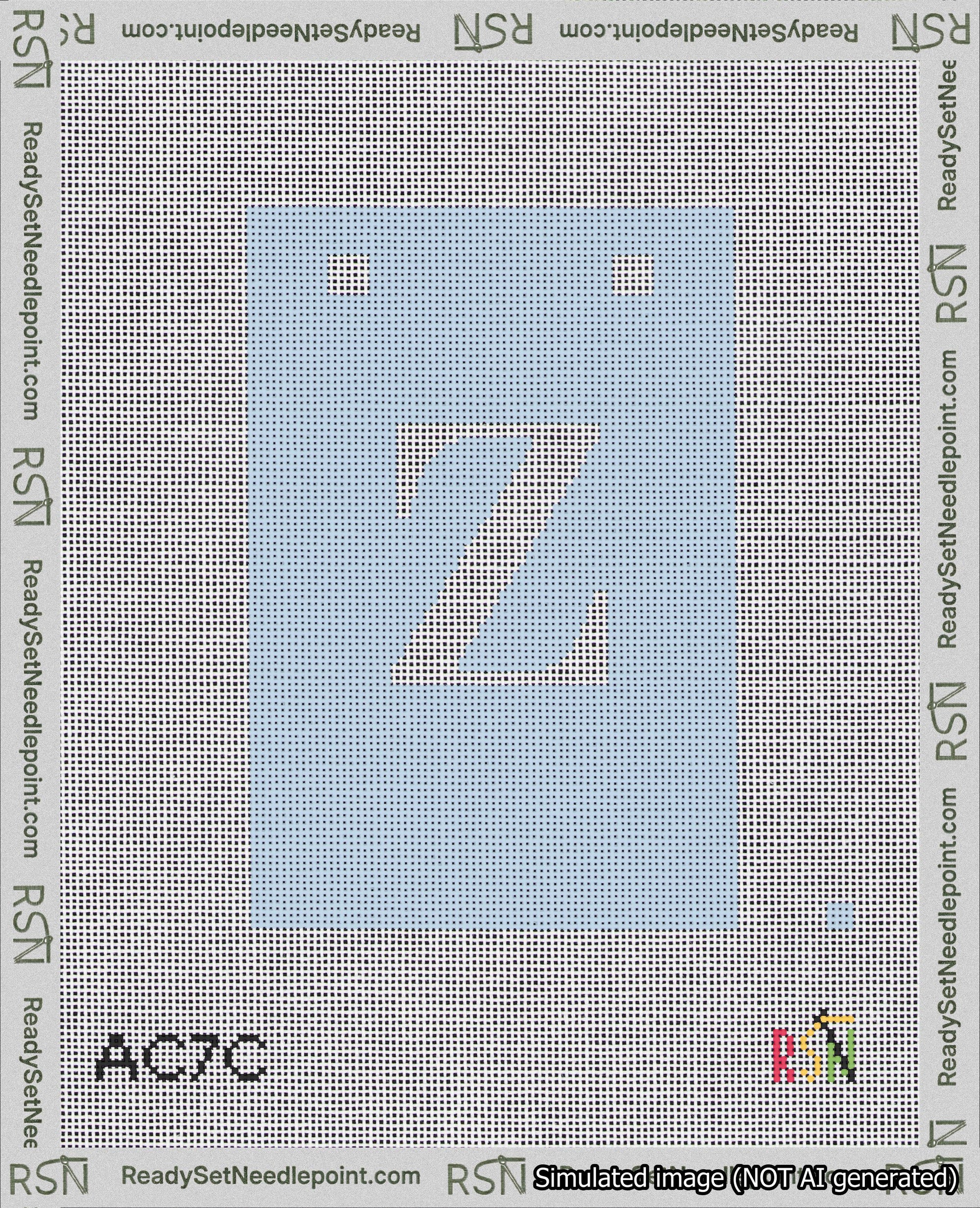 A taped needlepoint canvas with the design: Banner 18 mesh count Squared Z White on Light Blue.