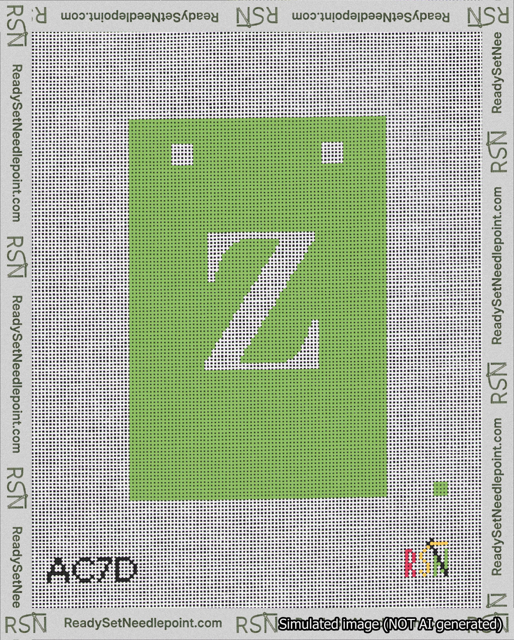 A taped needlepoint canvas with the design: Banner 18 mesh count Squared Z White on Light Green.