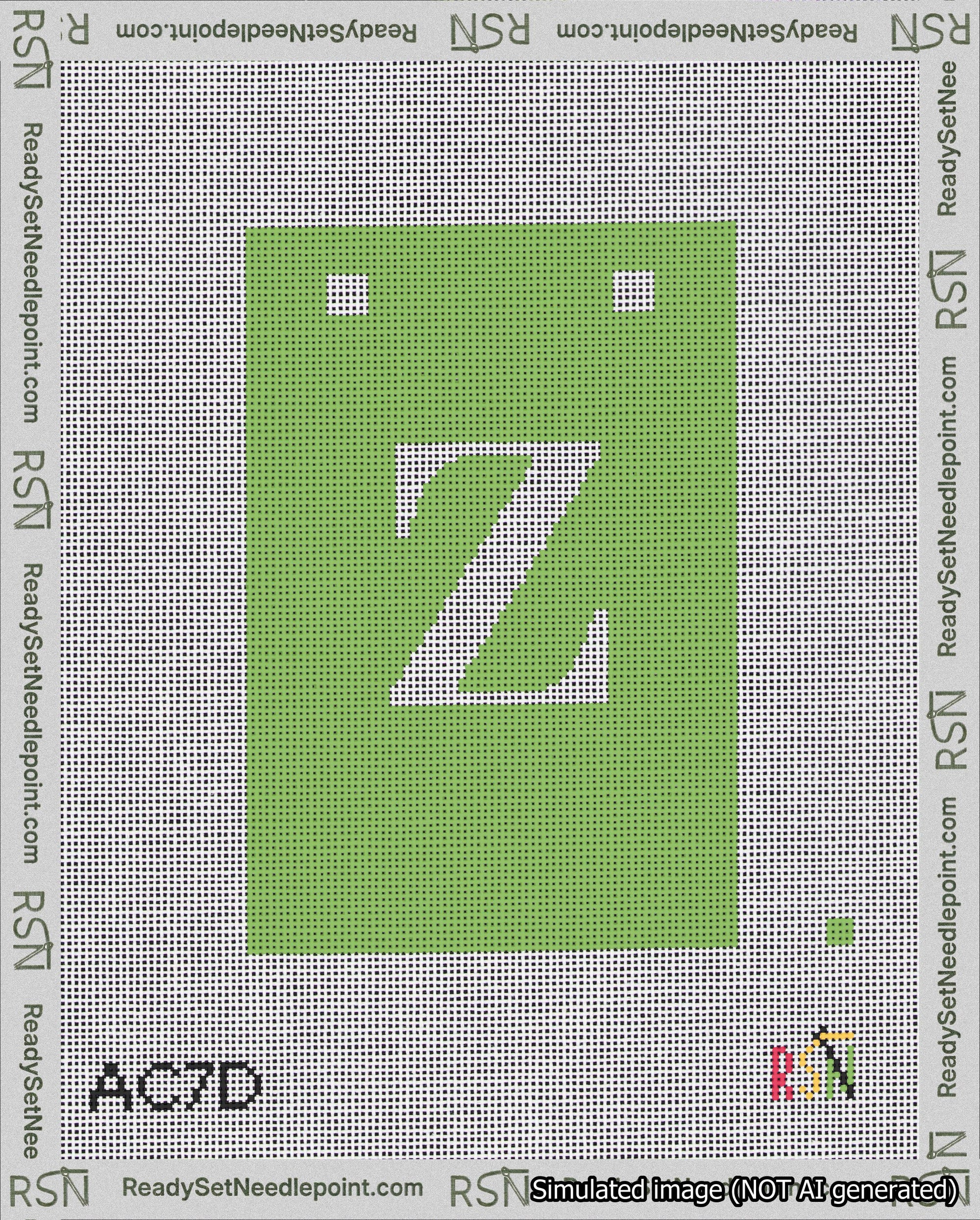 A taped needlepoint canvas with the design: Banner 18 mesh count Squared Z White on Light Green.