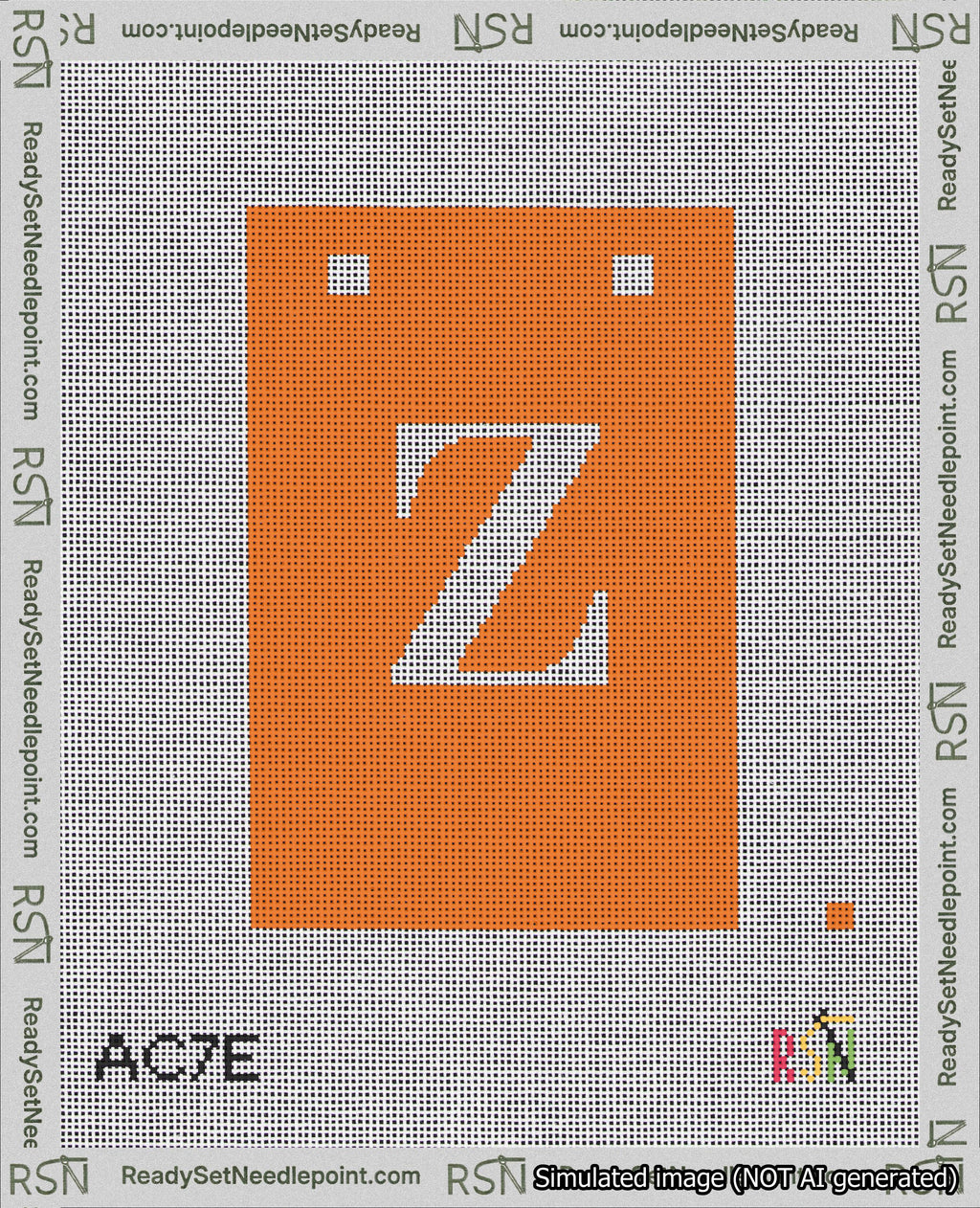 A taped needlepoint canvas with the design: Banner 18 mesh count Squared Z White on Orange.