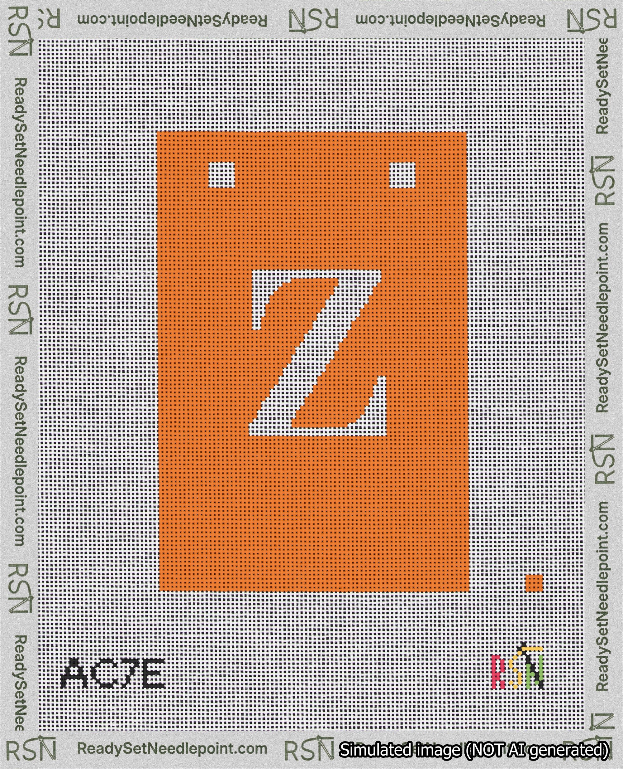 A taped needlepoint canvas with the design: Banner 18 mesh count Squared Z White on Orange.