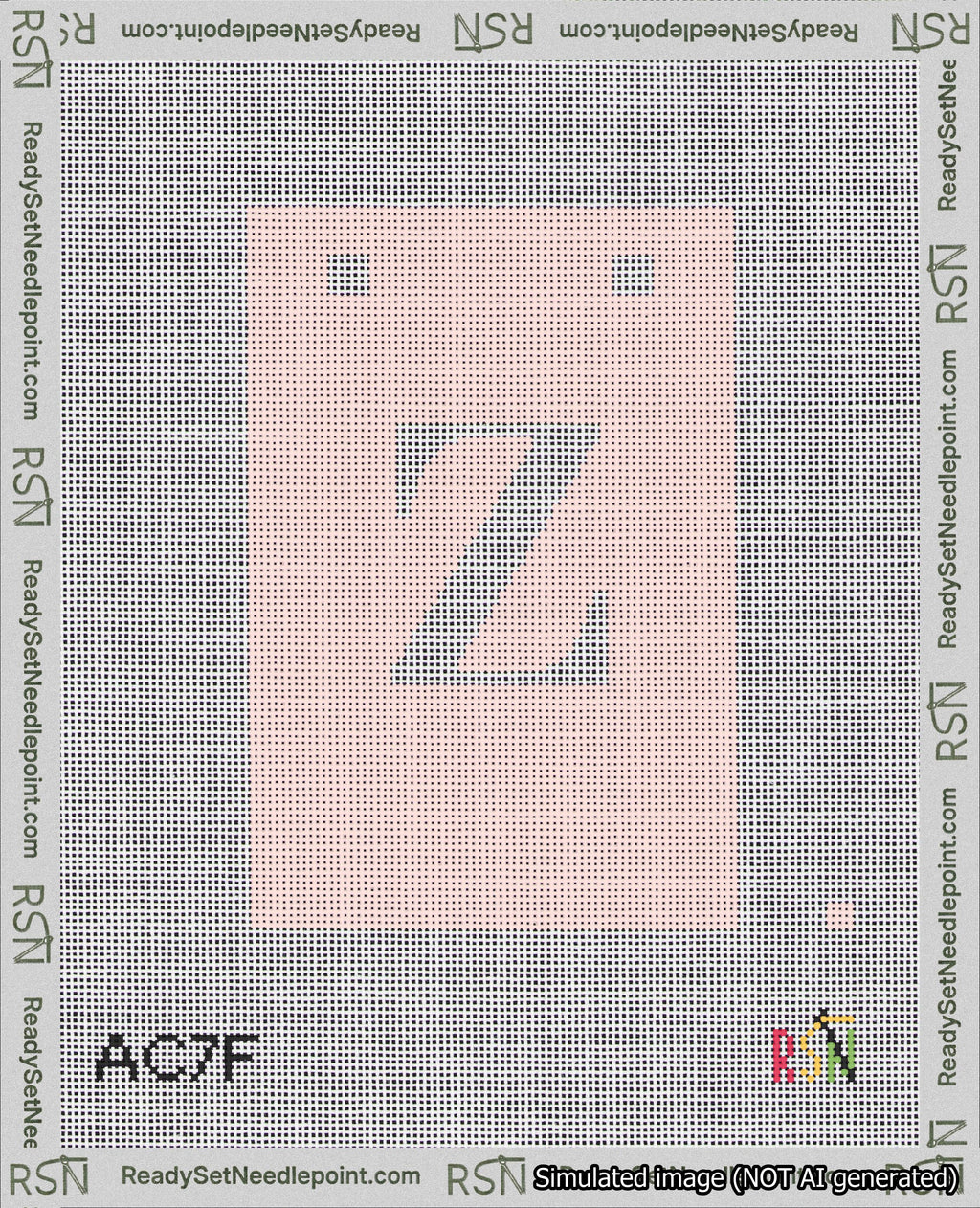 A taped needlepoint canvas with the design: Banner 18 mesh count Squared Z White on Pink.