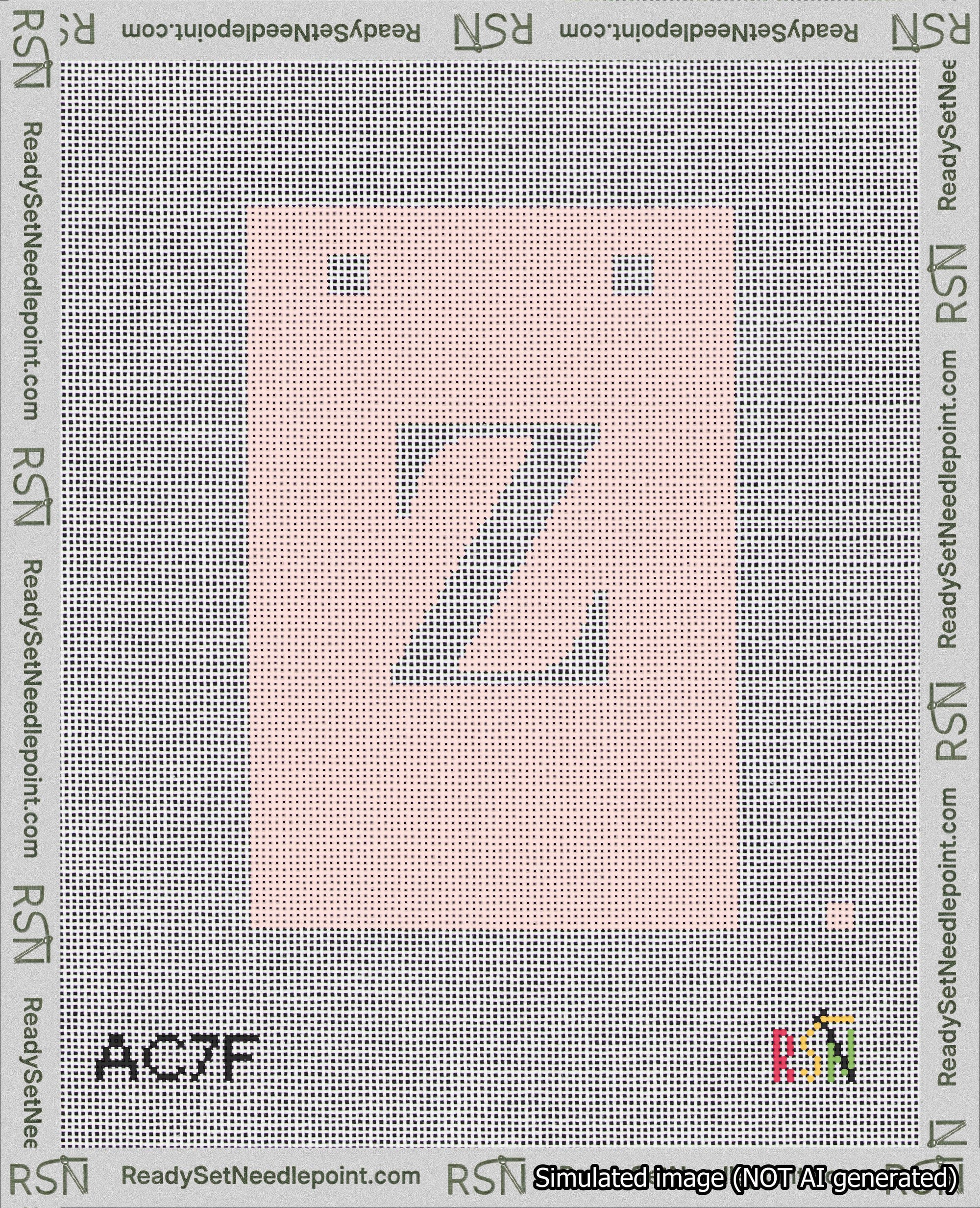 A taped needlepoint canvas with the design: Banner 18 mesh count Squared Z White on Pink.